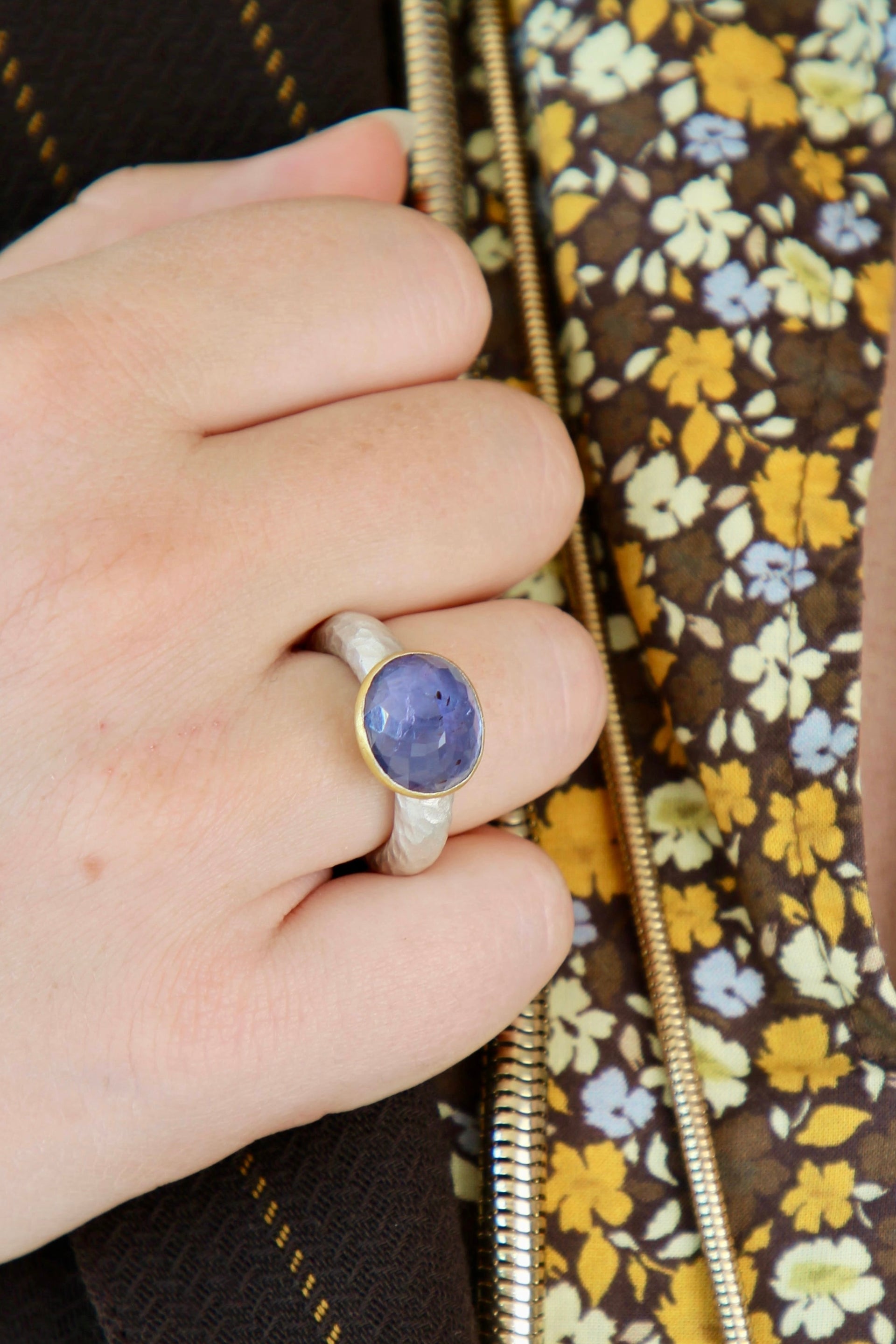 Handmade Iolite Cup Ring // Poppy Dandiya Ring // Hammered Sterling Silver // 24K Filled Gold // Size 53