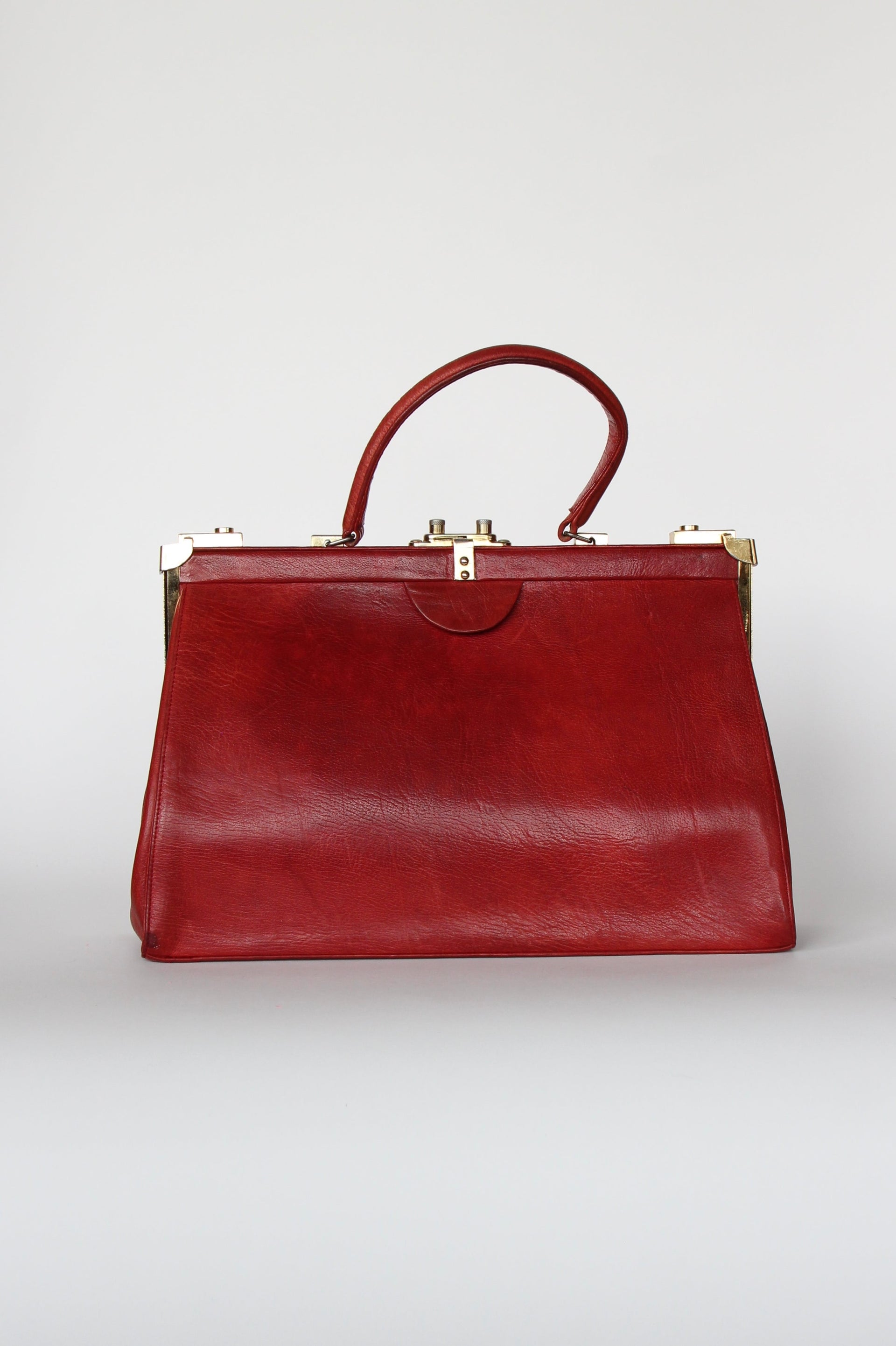 1960s Vintage Large Red Leather Top Handle Bag / Made in France