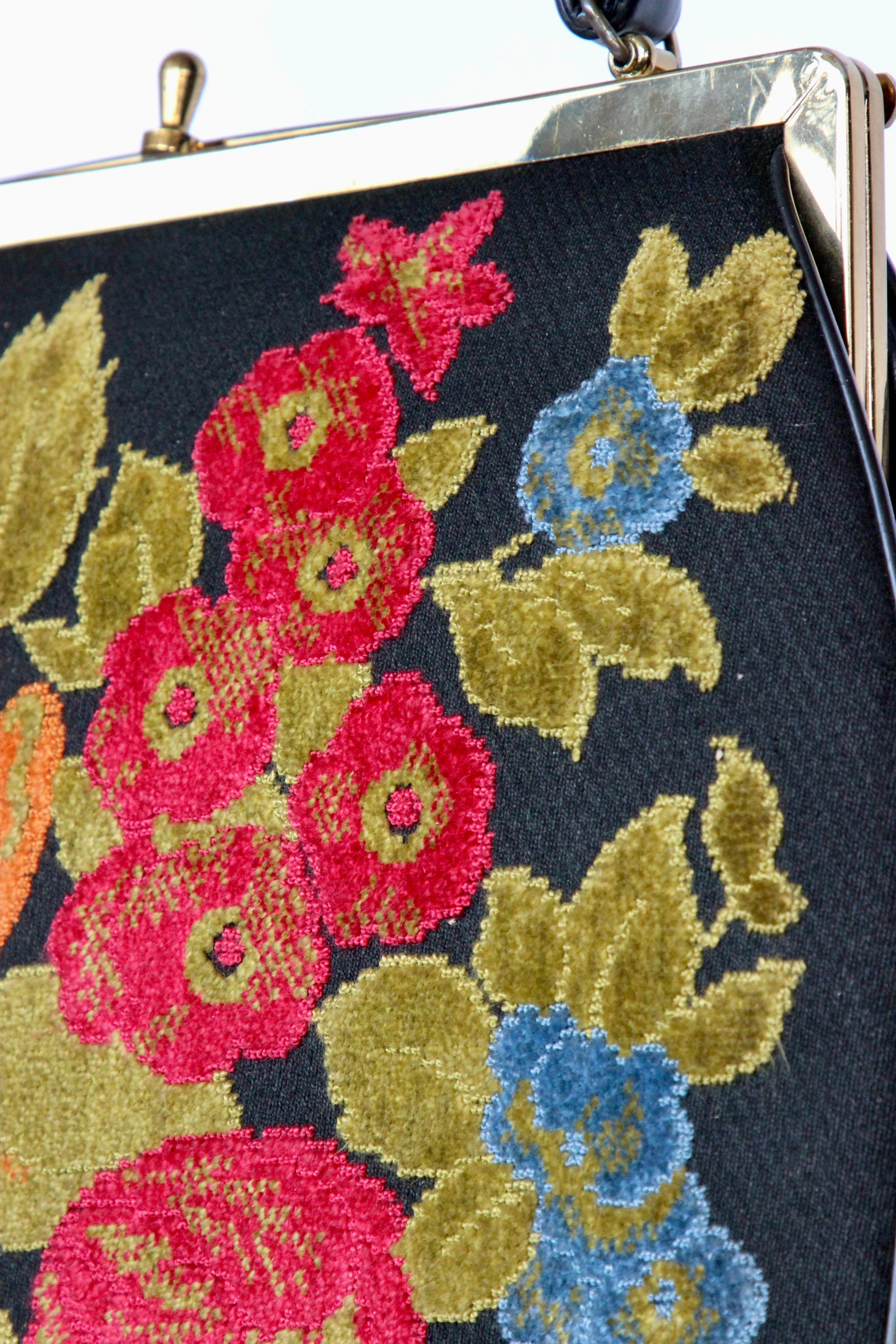 1940s 1950s Vintage Large Black Embroidered Top Handle Bag