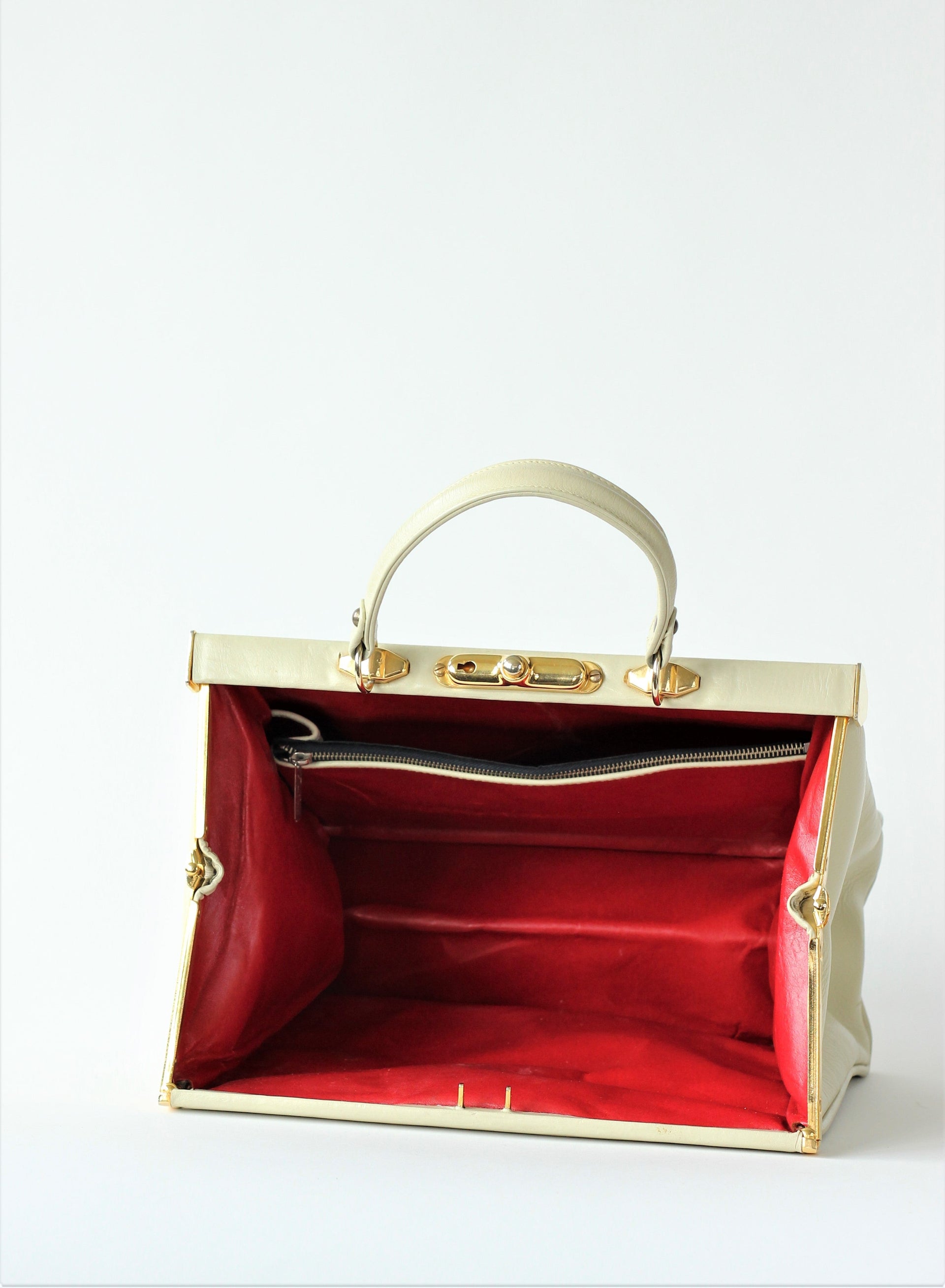 1950S 1960s Ivory Leather Top Handle Bag with Red Linen/Danish Design