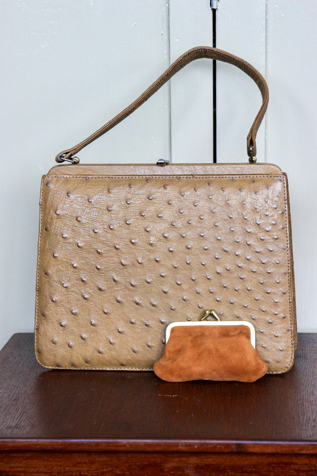 1950s 1960s Vintage Brown Ostrich Leather Top Handle Bag/Purse