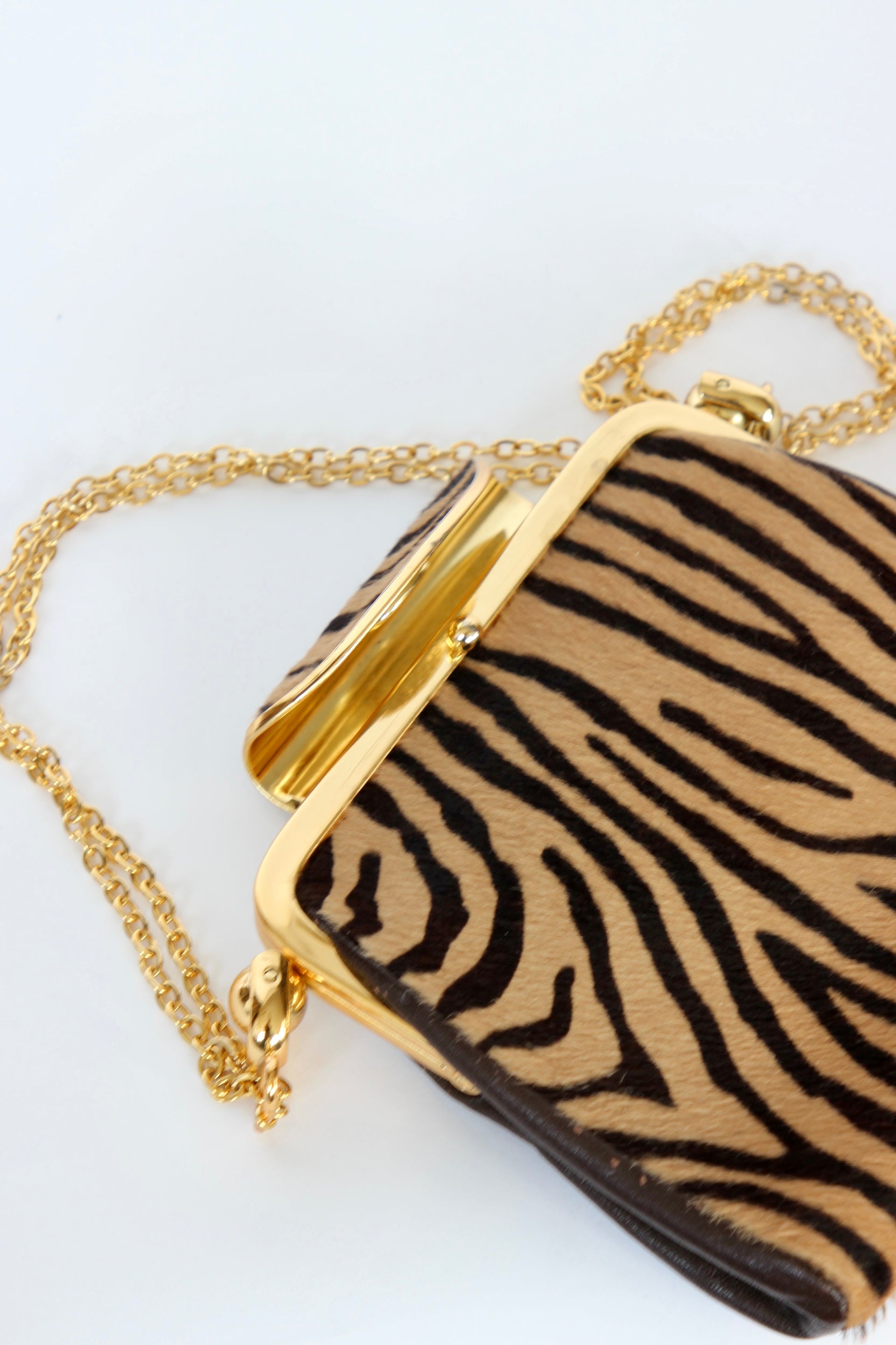 1960s Vintage Shoulder Bag with Zebra Pattern Fur and Brown Leather