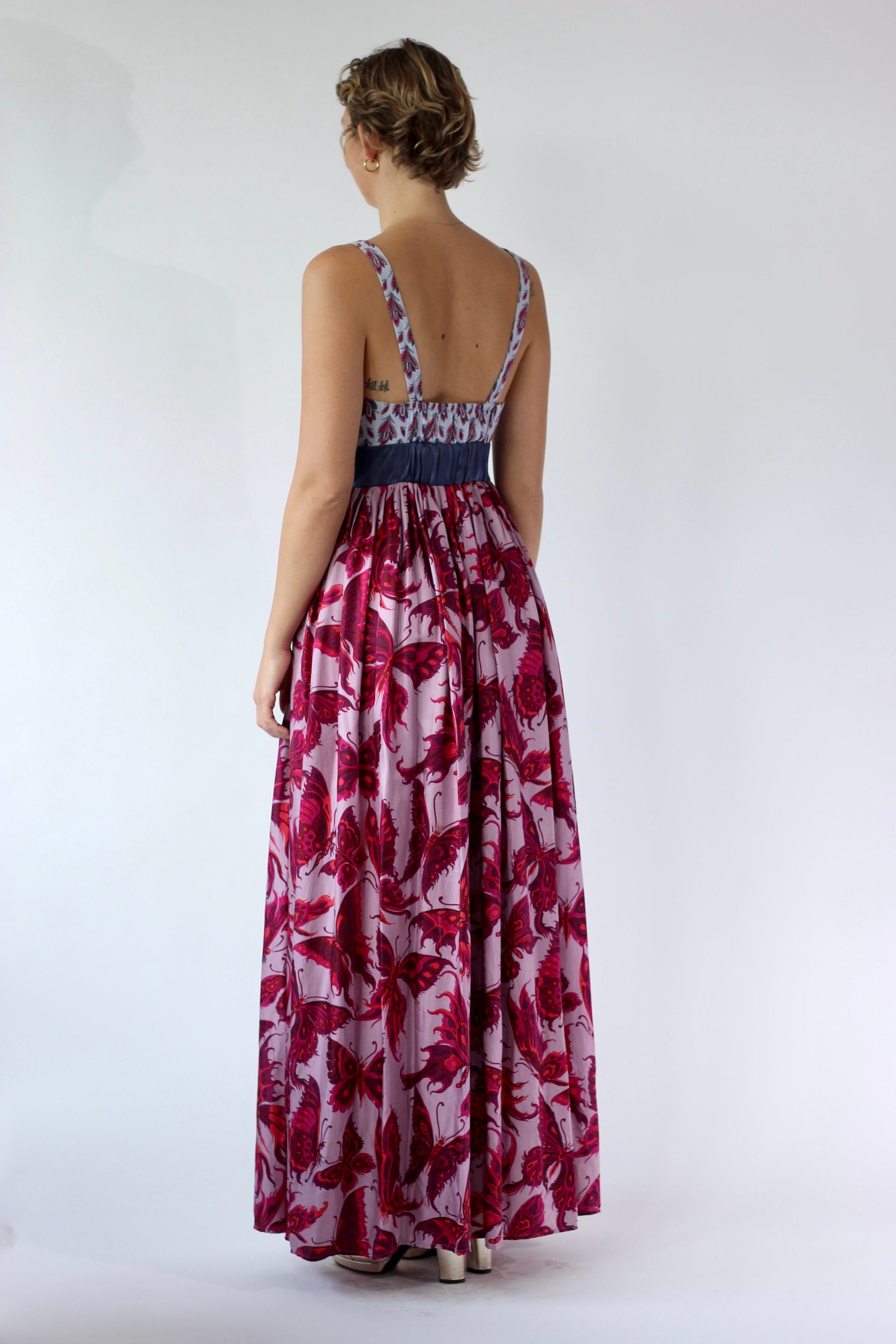 Y2K Purple Silk Maxi Silk Dress//Butterfly Print//Danish Design//Size L/XL
