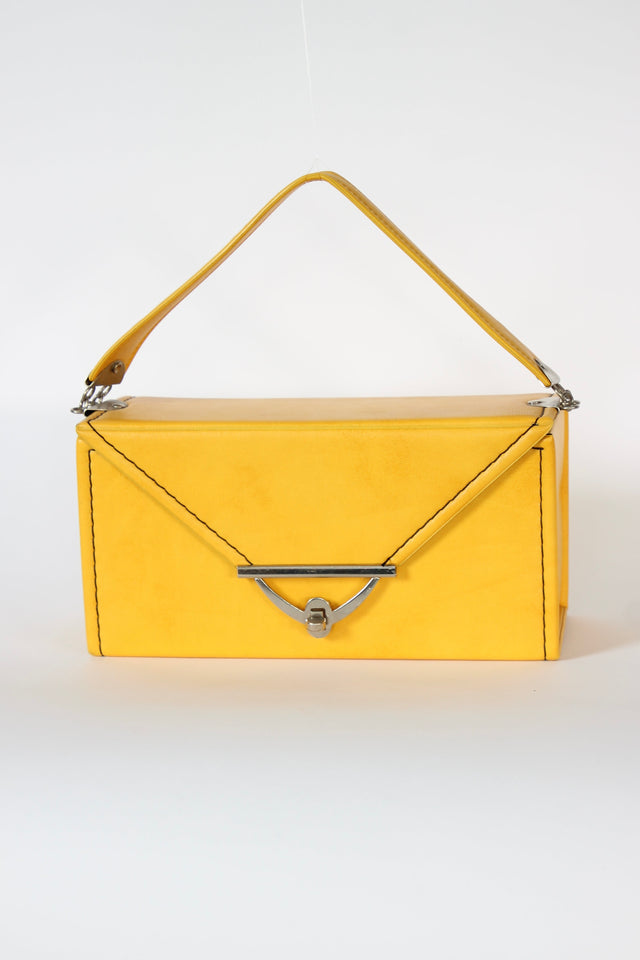 1960s Vintage Yellow Vinyl Top Handle Box Bag with Silver Closure