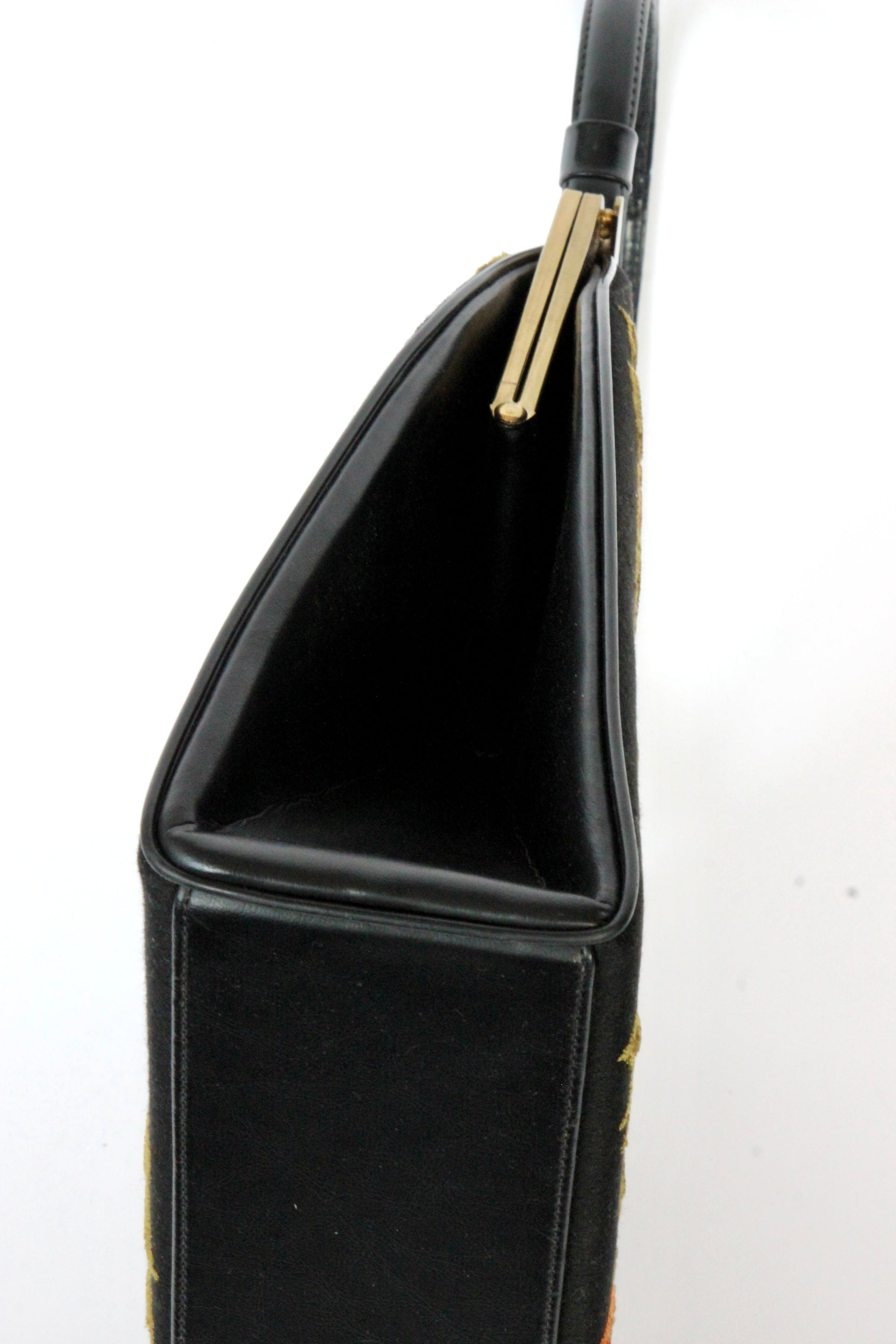 1940s 1950s Vintage Large Black Embroidered Top Handle Bag