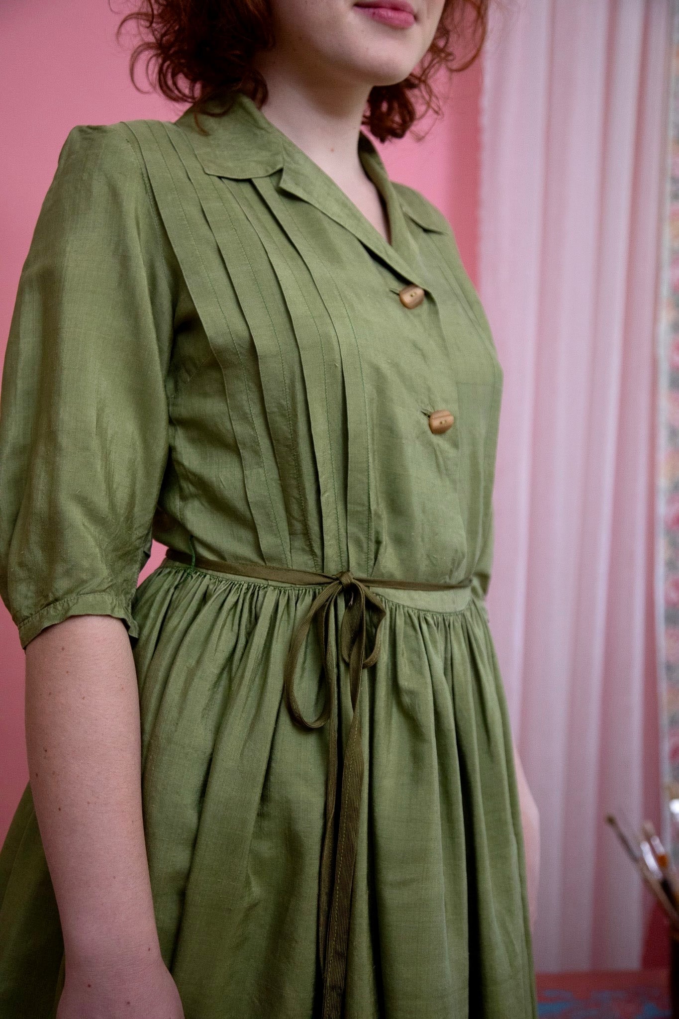 1970s Green Silk Designer Shirt Dress//Size S/M