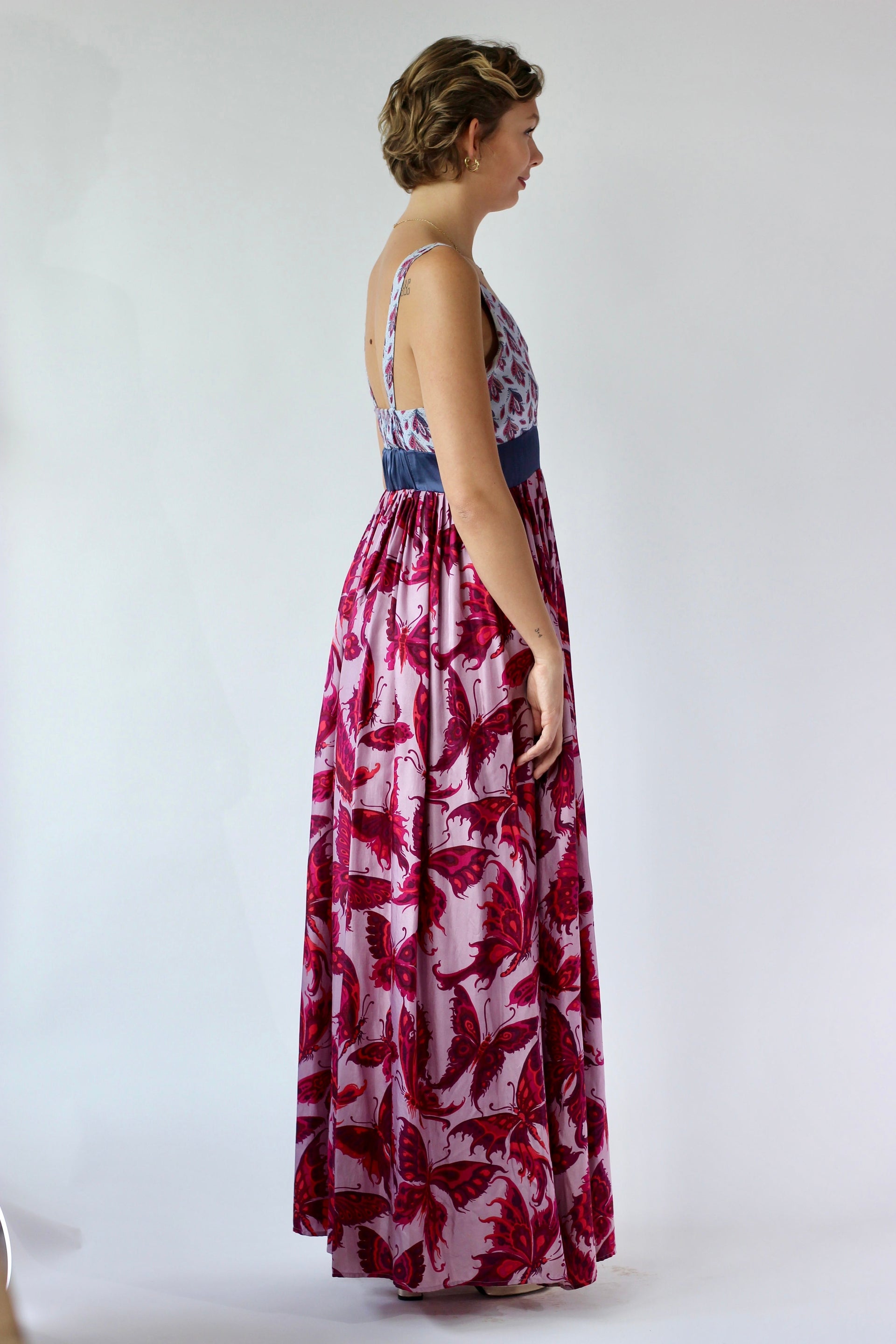 Y2K Purple Silk Maxi Silk Dress//Butterfly Print//Danish Design//Size L/XL