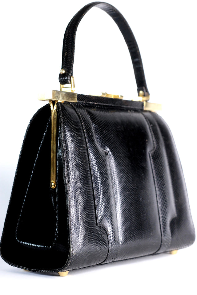 1950s Vintage Black Leather Top Handle Bag