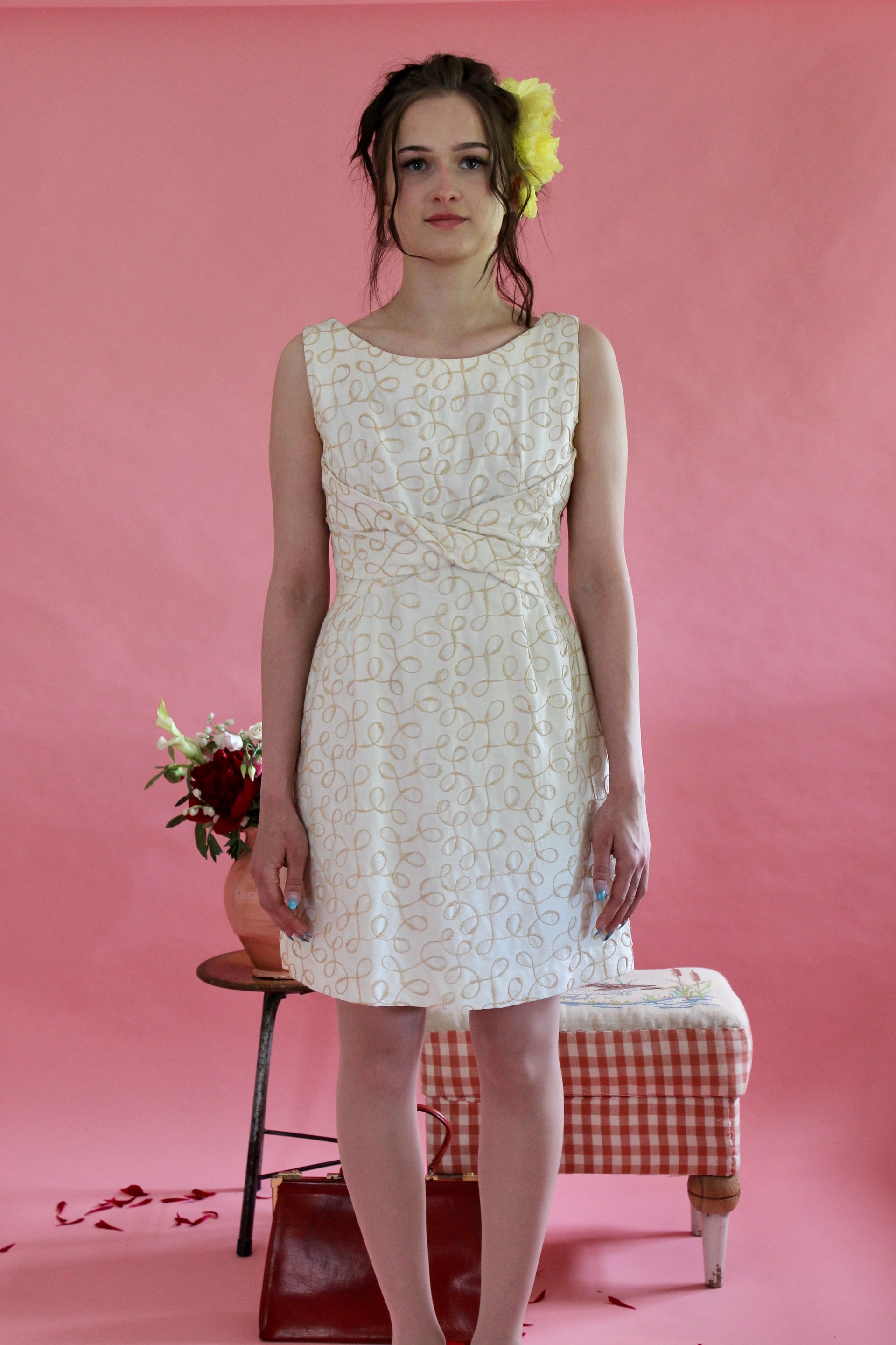 1960s Ivory Designer Cocktali Dress//Size M