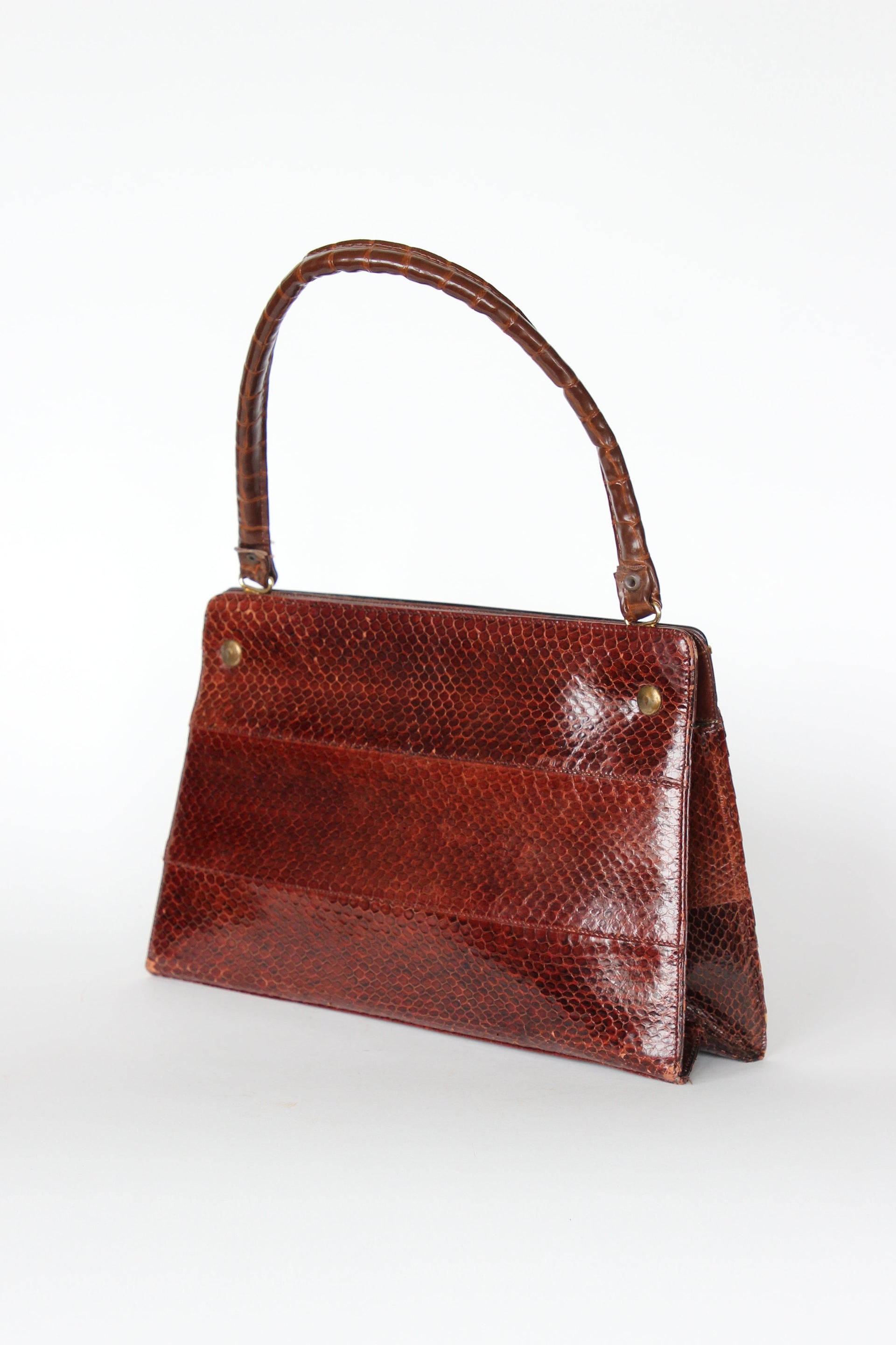 1950s 1960s Brown Snakeskin/Leather Top Handle Bag