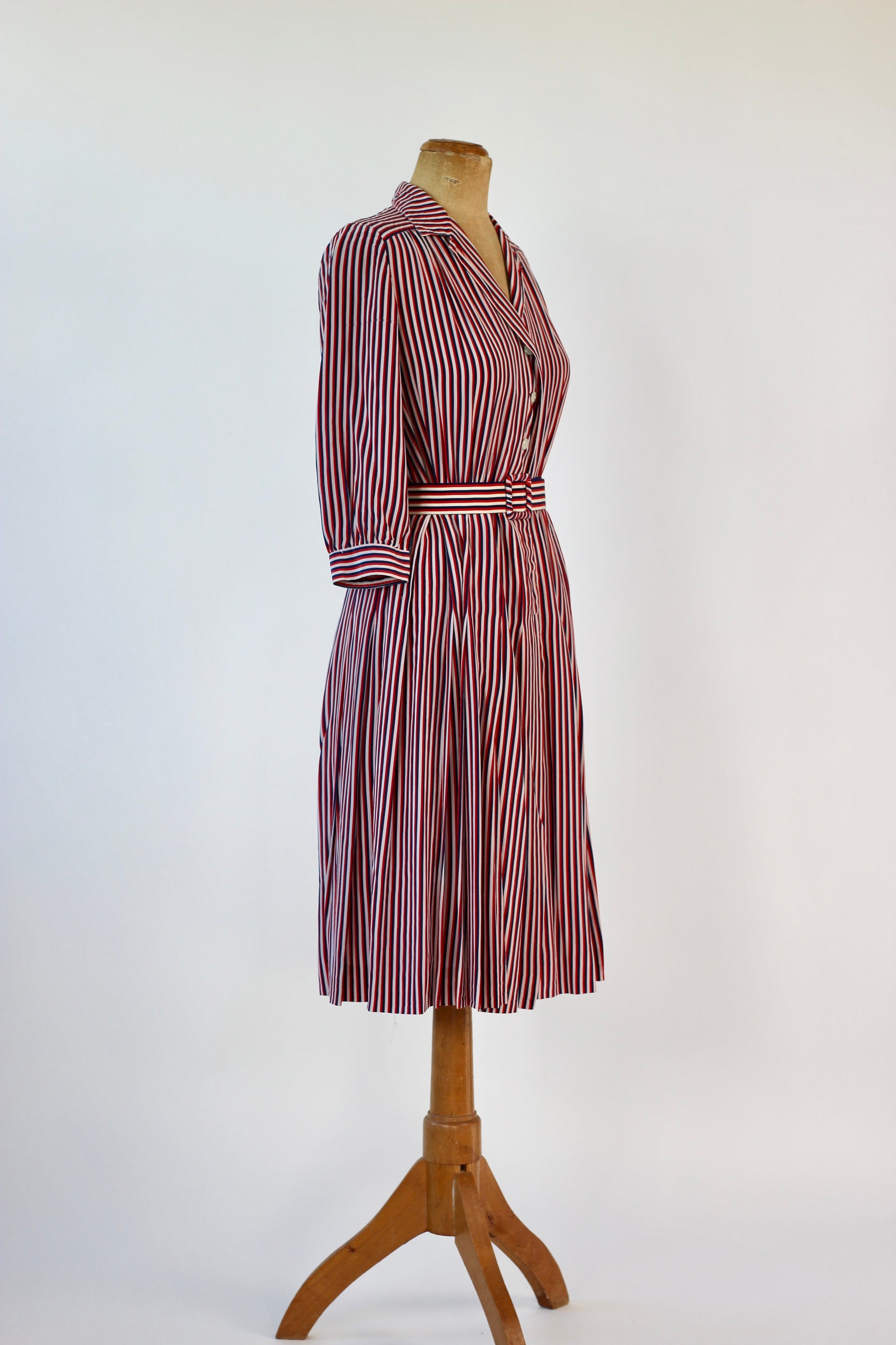 1940s Striped Silk Dress in Red, White and Blue // Size M