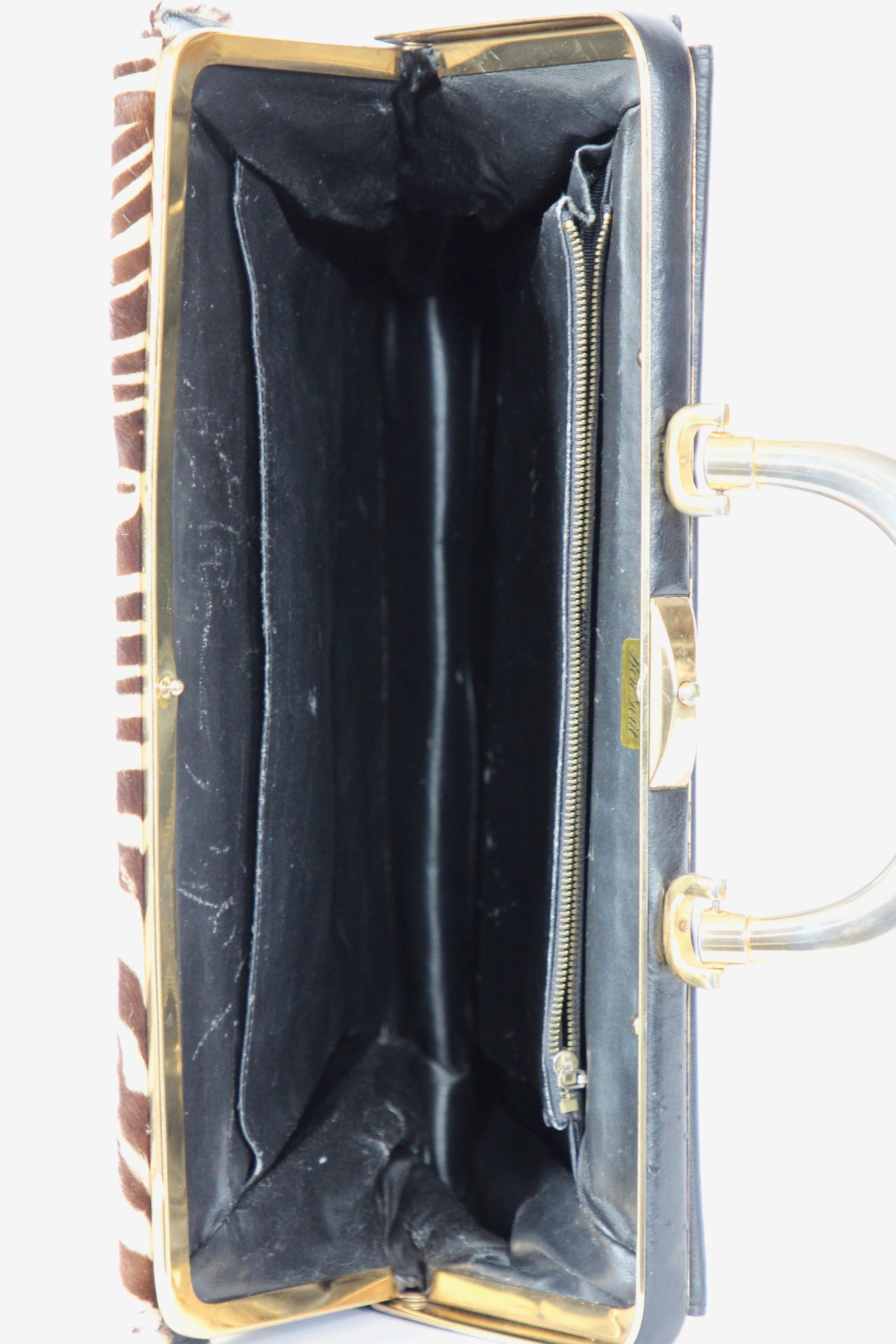1960s Vintage Bon Goût Black Leather Top Handle Bag with Zebra Pattern Fur