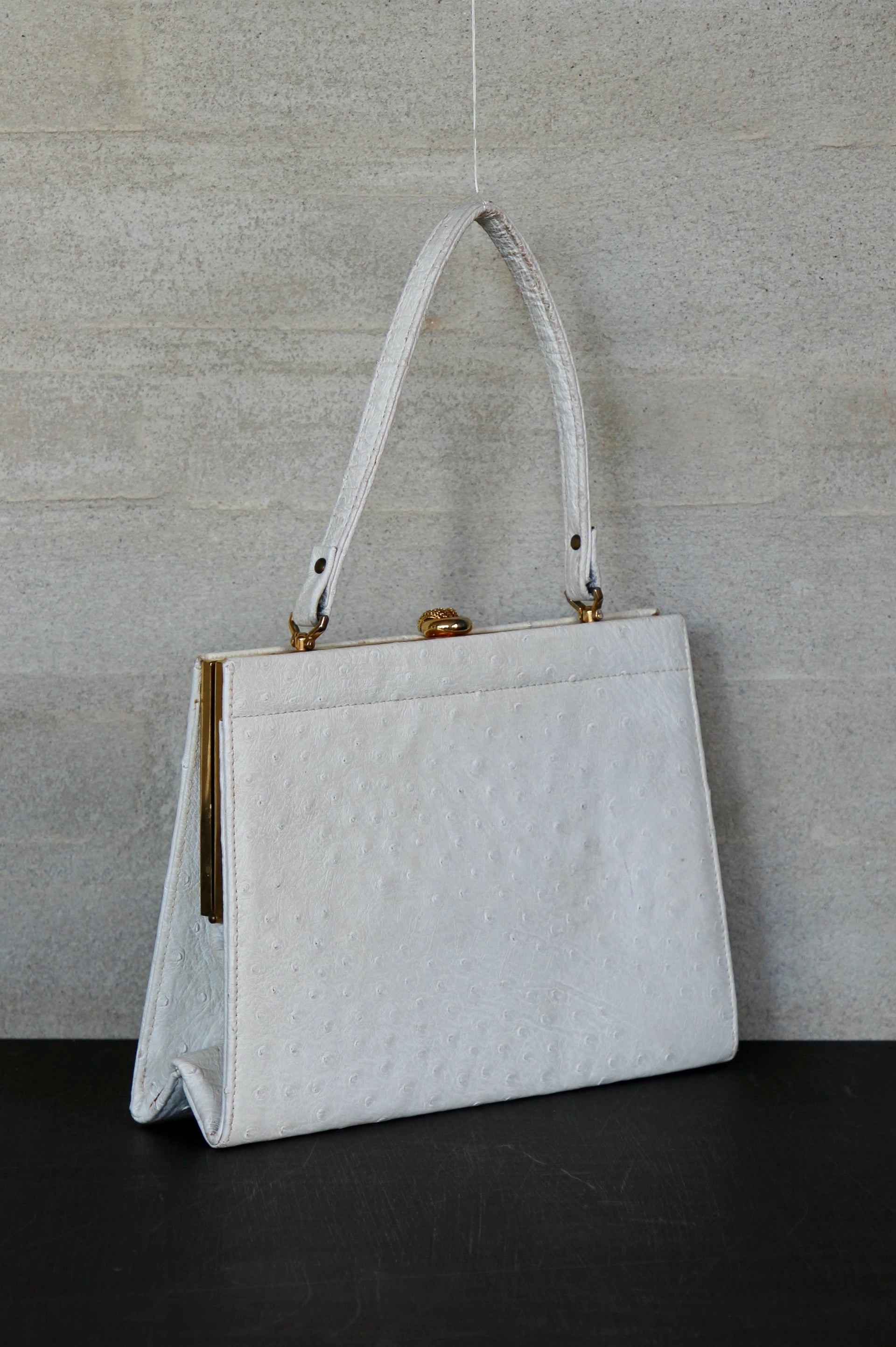 1960s Vintage White Ostrich Leather Top Handle Bag/Purse