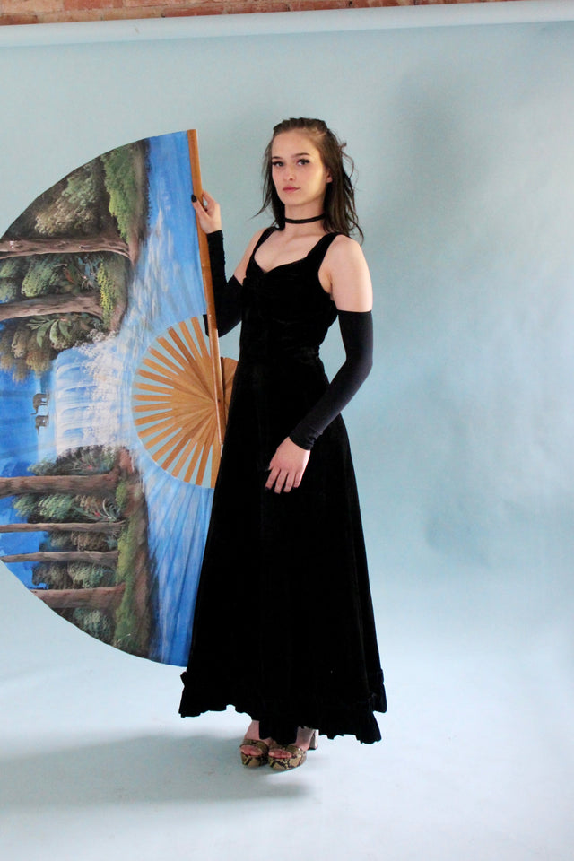 1930s Vintage Dark Brown and Black Velvet Evening Dress // Size XS/S