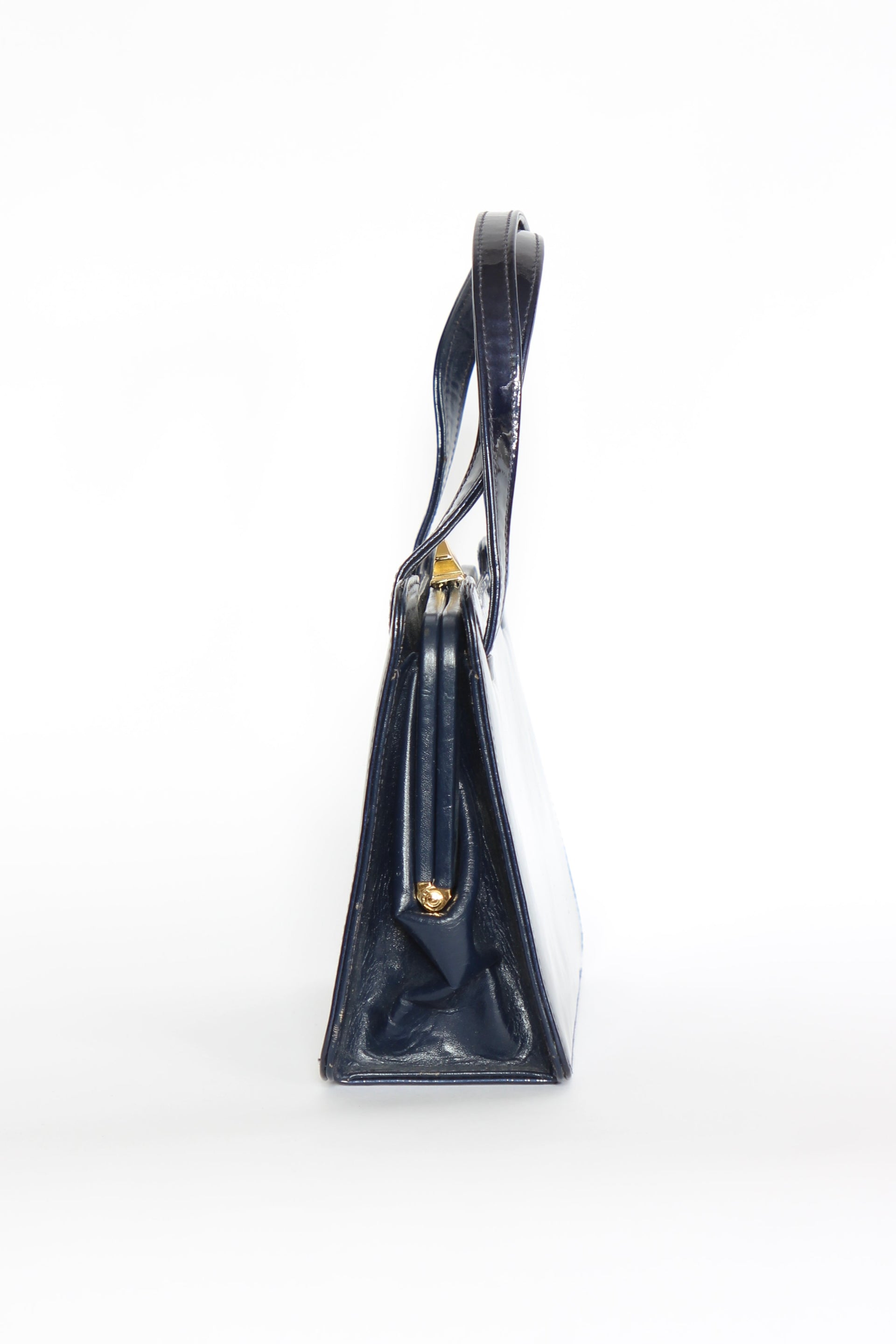 1950s 1960s Vintage Navy Blue Patent Leather Top Handle Bag/Purse