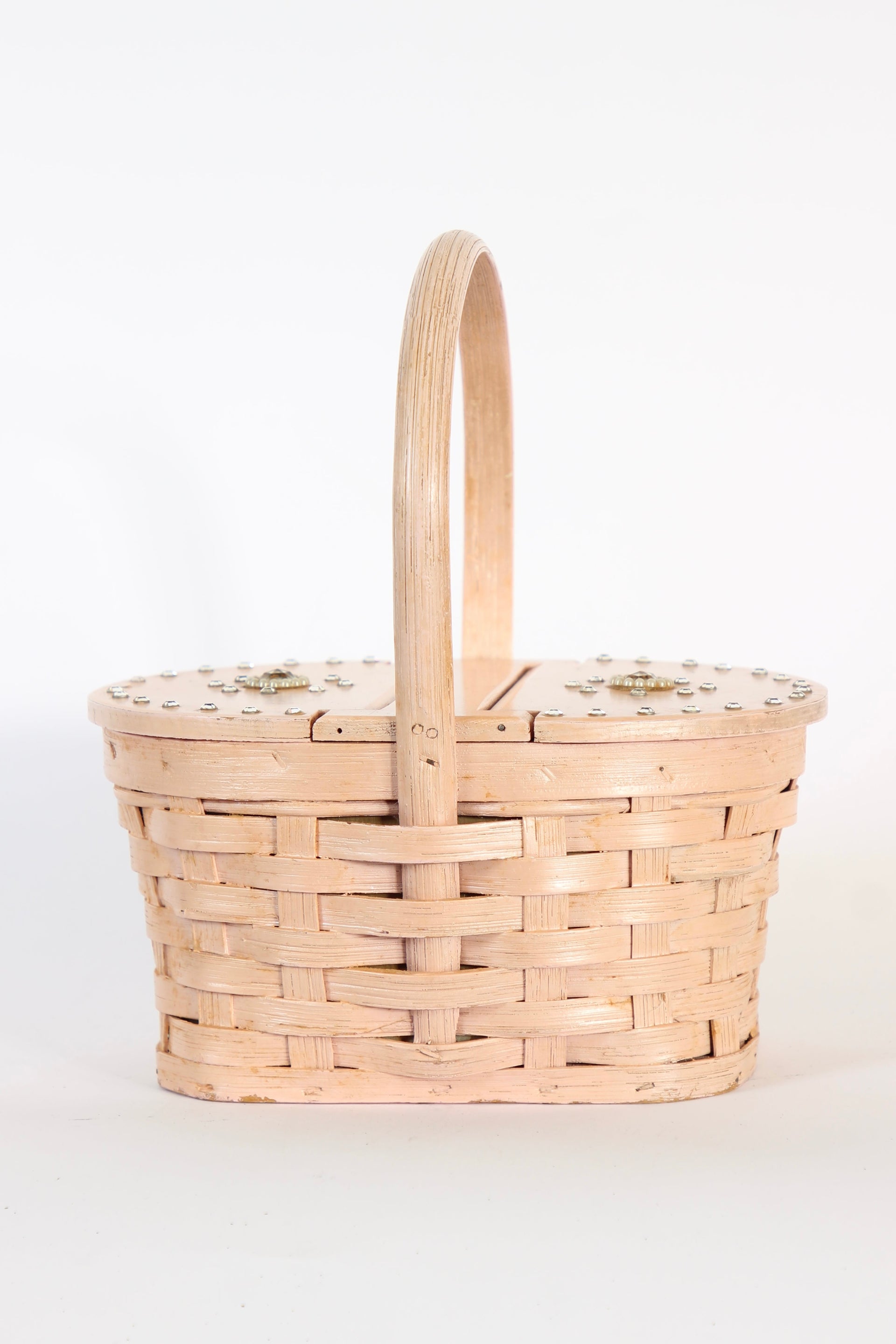 1950s Vintage Rose Woven Wood Basket Bag Purse