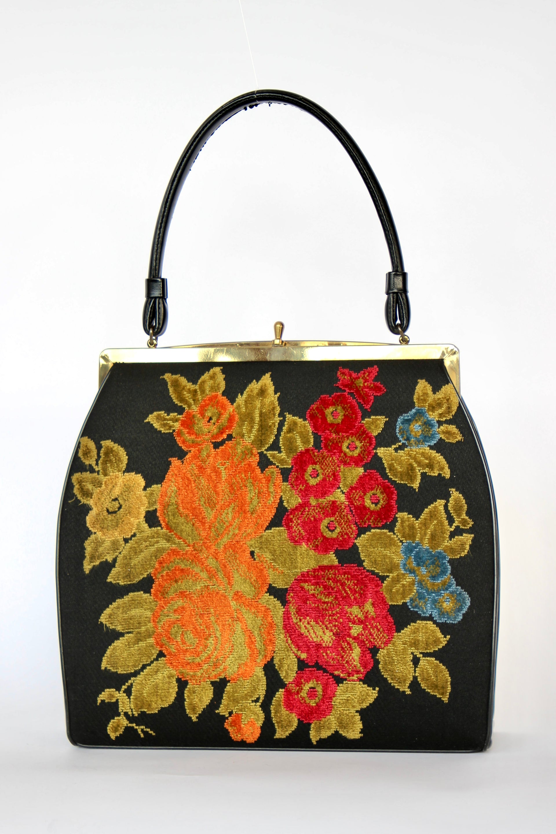 1940s 1950s Vintage Large Black Embroidered Top Handle Bag