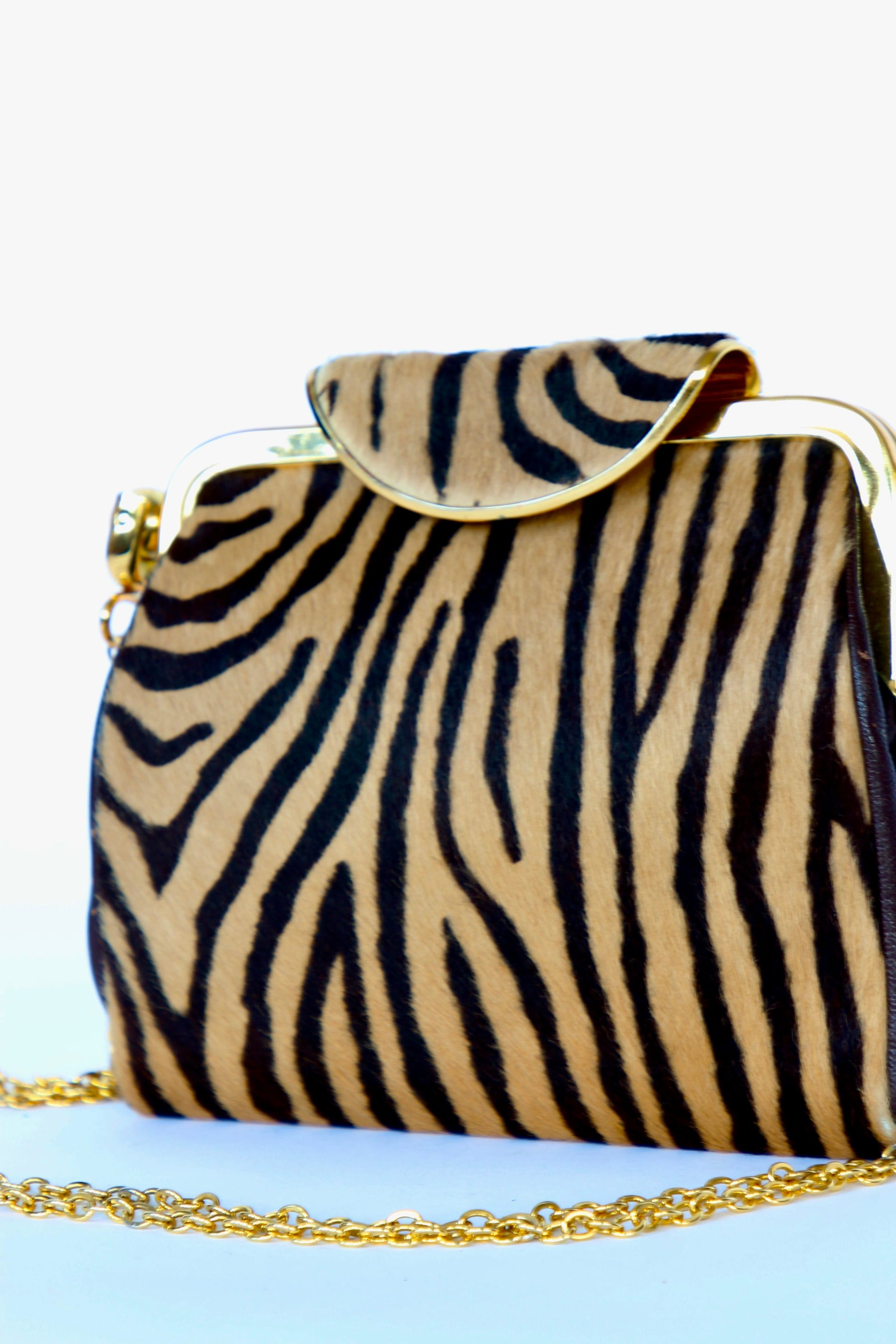 1960s Vintage Shoulder Bag with Zebra Pattern Fur and Brown Leather
