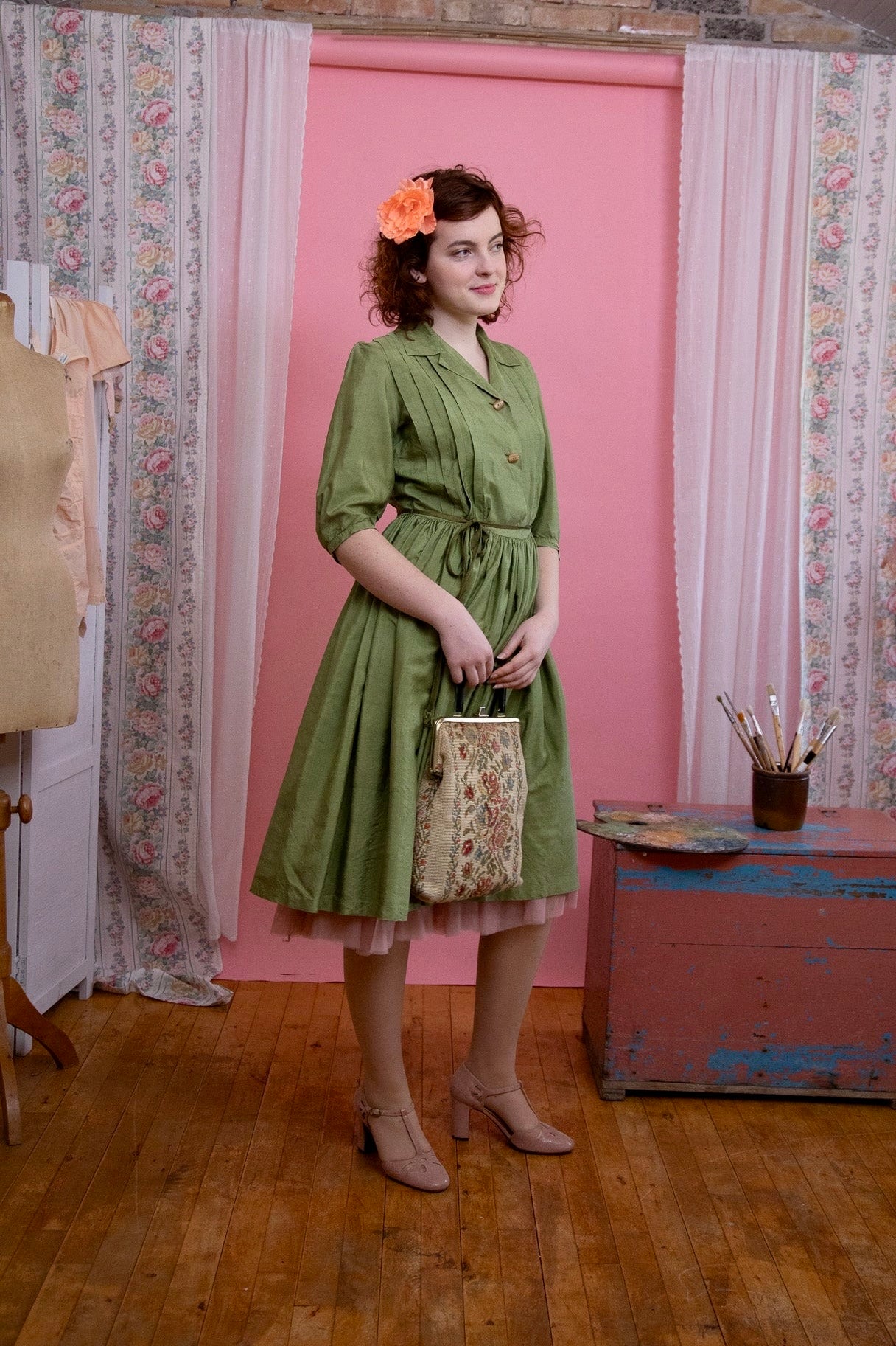 1970s Green Silk Designer Shirt Dress//Size S/M