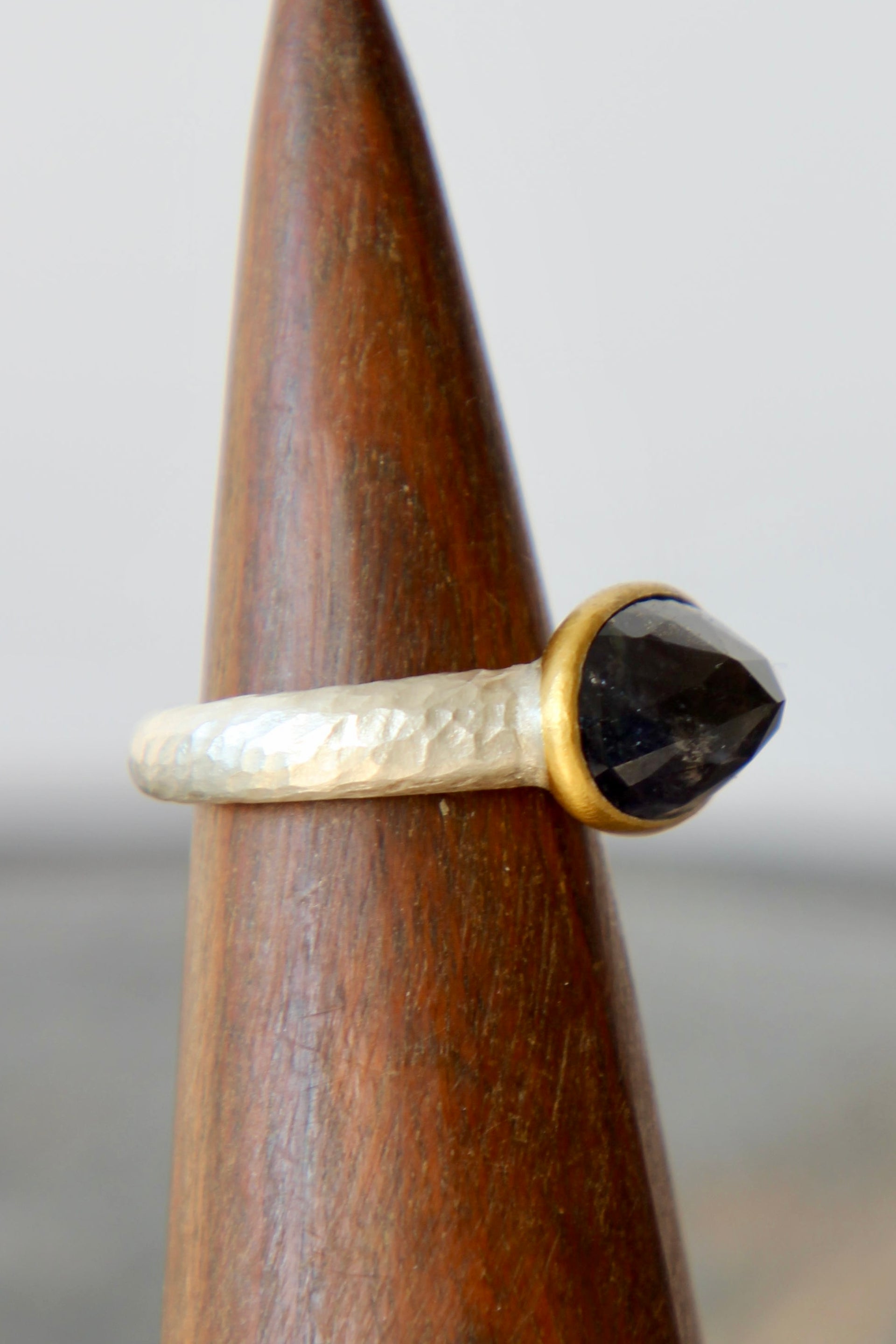 Handmade Iolite Cup Ring // Poppy Dandiya Ring // Hammered Sterling Silver // 24K Filled Gold // Size 55