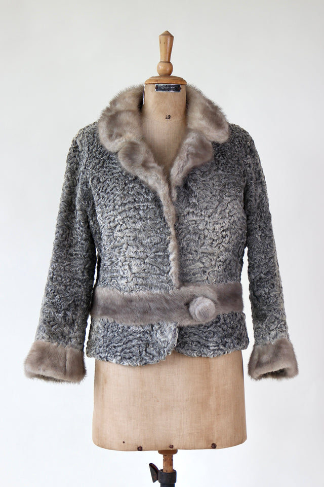 1950s Vintage Grey Lamb Fur and Mink Fur Short Jacket // Size M