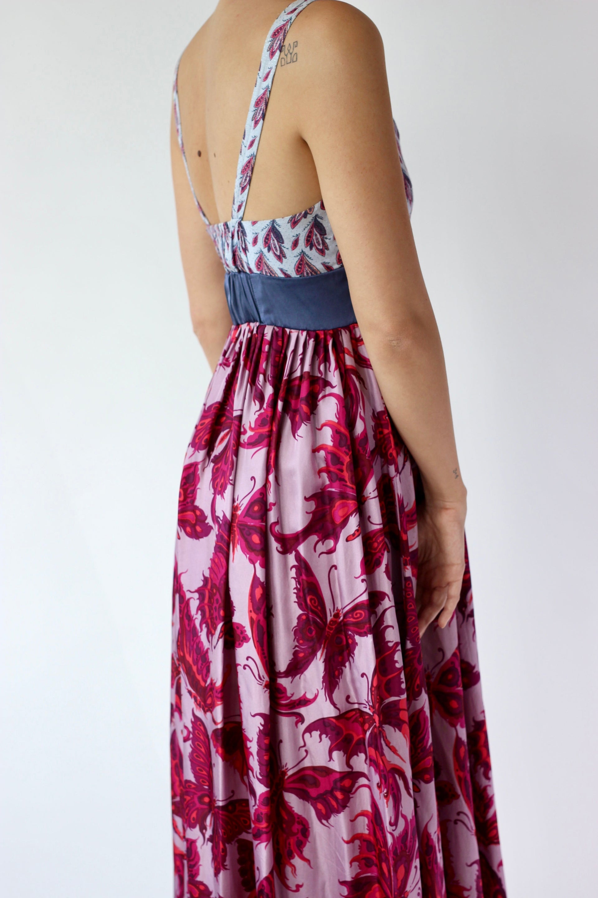 Y2K Purple Silk Maxi Silk Dress//Butterfly Print//Danish Design//Size L/XL