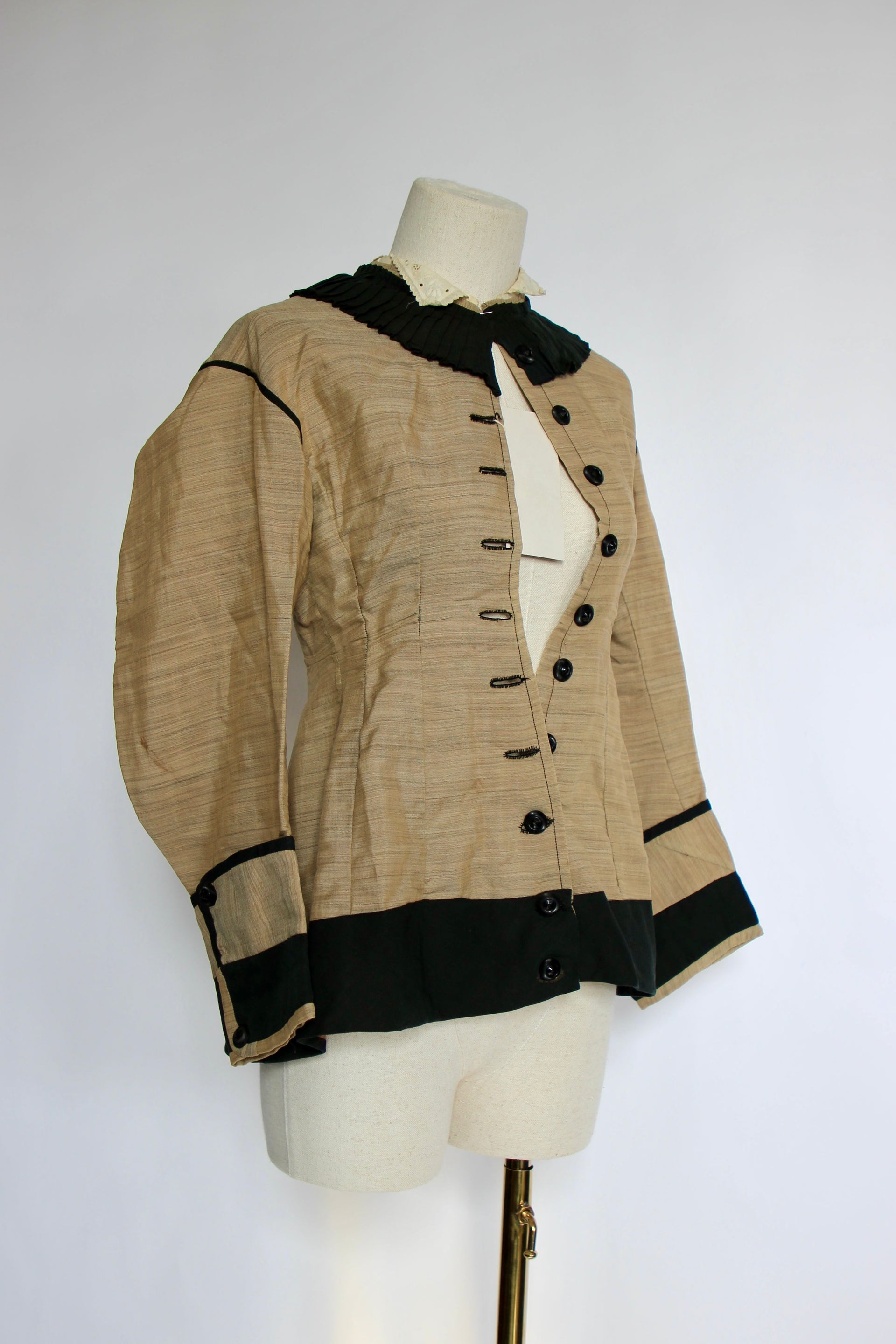 1879s Antique Victorian Beige Jacket with Black Collar and Cuffs Owned by Karin Strandberg, Sweden.