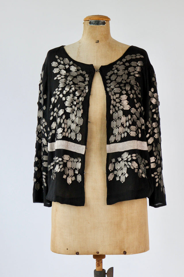Vintage Black Sheer Cardigan/Jacket with Silver Leaves // Size M/L