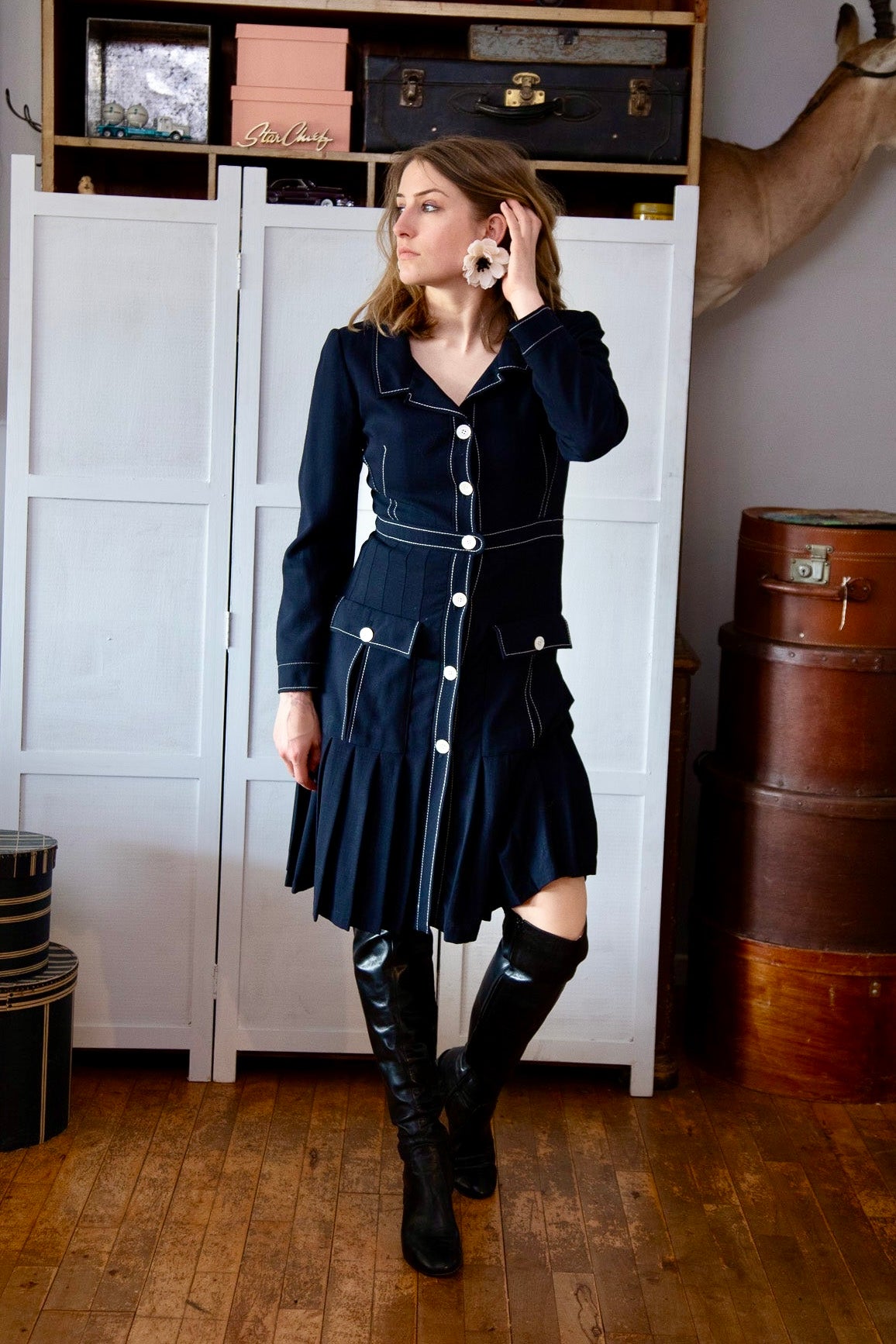 1980s Vintage Navy Blue Wool Shirt Dress // Italien Design // Size M