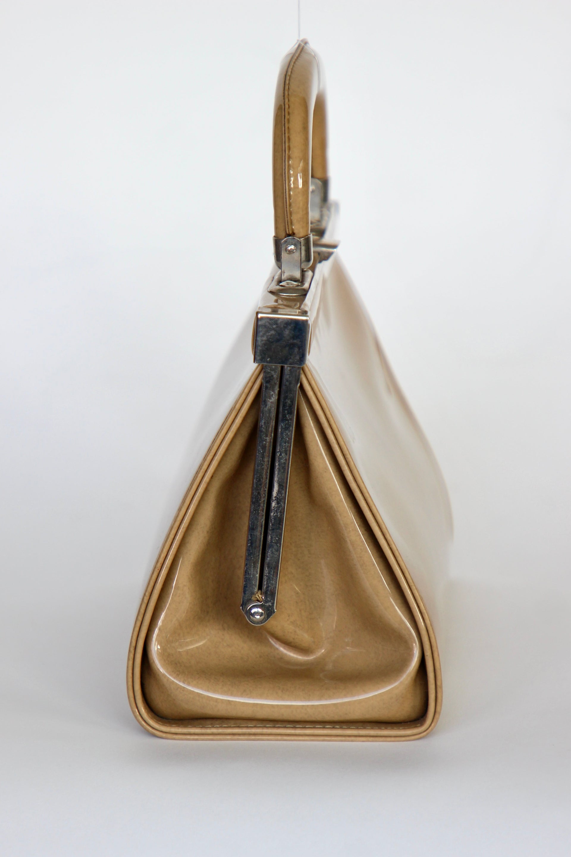 1960s Vintage Beige/Camel Vinyl Top Handle Bag/Purse with Silver Closure.