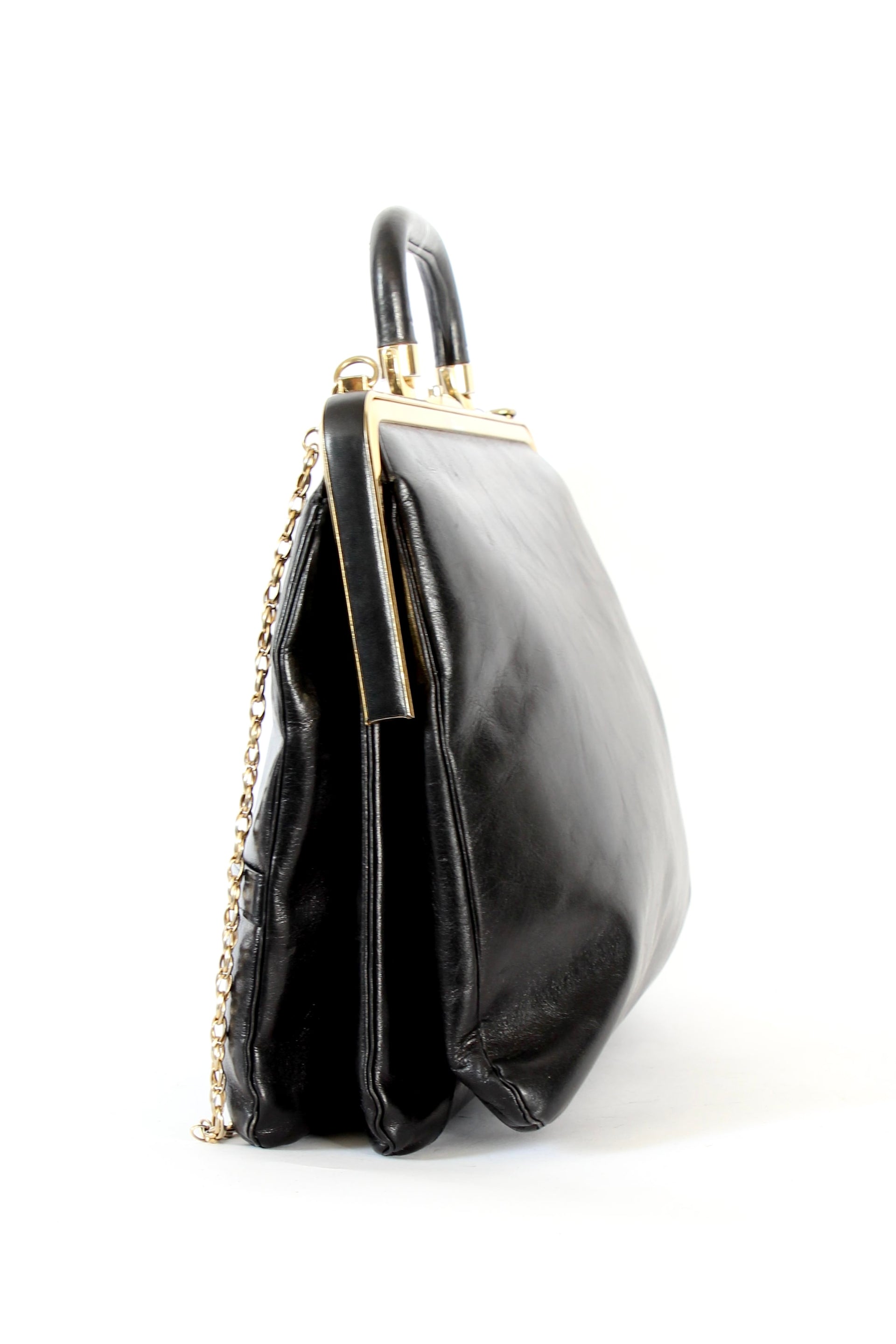 1960s Vintage Bon Goût Black Leather Top Handle Bag