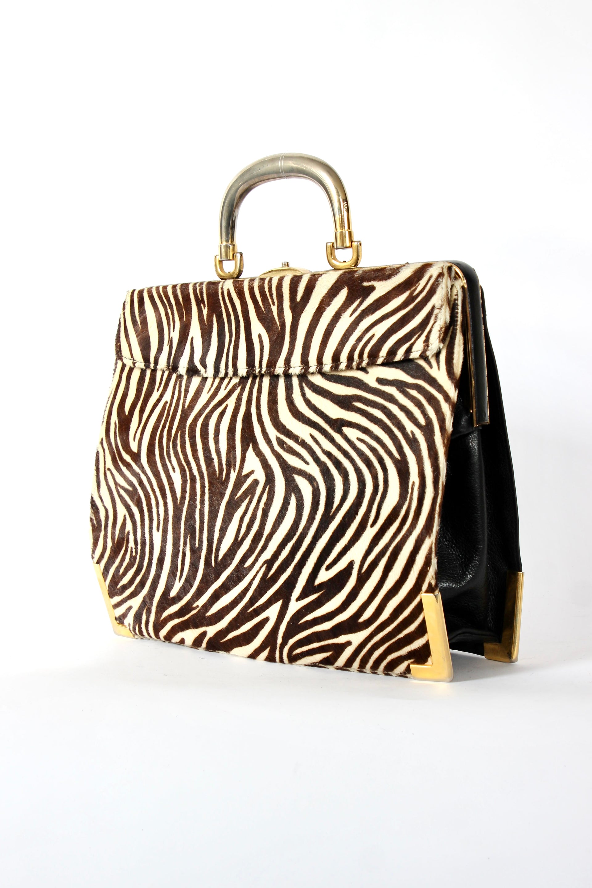 1960s Vintage Bon Goût Black Leather Top Handle Bag with Zebra Pattern Fur