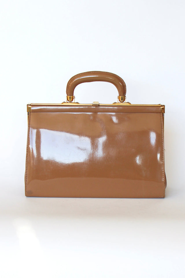1960s Vintage Light Brown Vinyl Top Handle Bag/Purse with Golden Closure