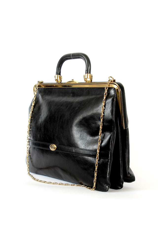 1960s Vintage Bon Goût Black Leather Top Handle Bag
