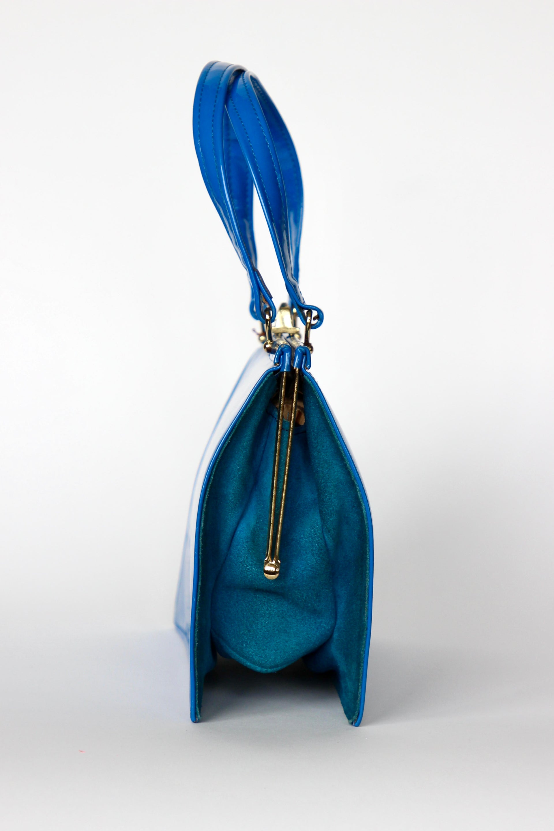 1960s 1970s Vintage Blue Suede and Patent Vinyl Purse Top Handle Bag/Purse