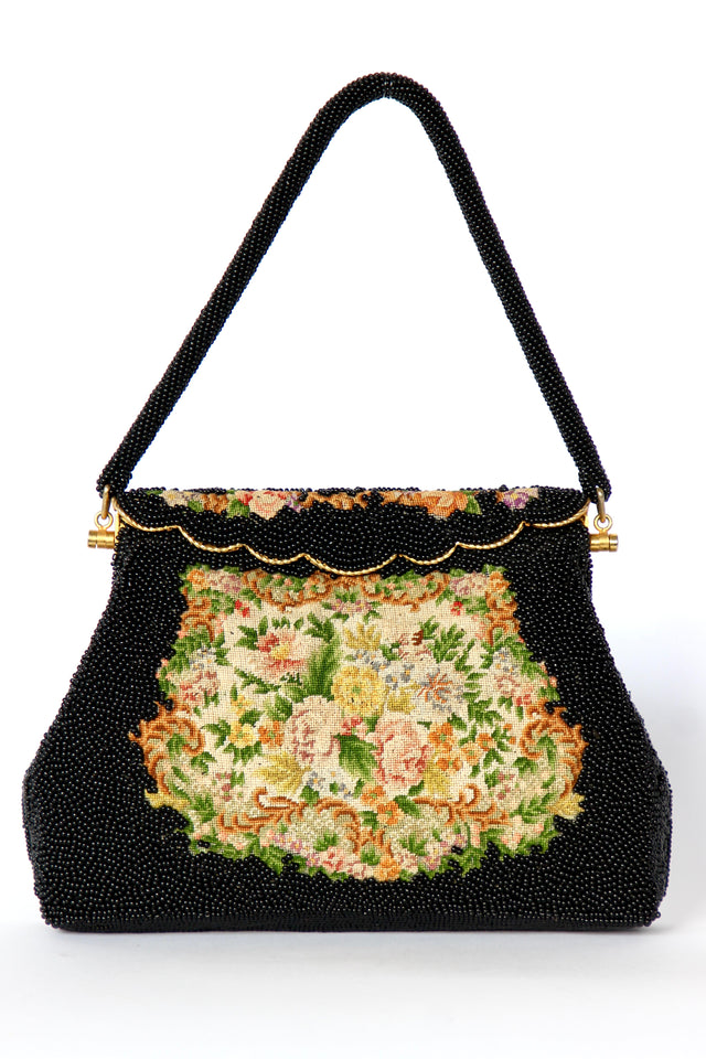1940s 1950s Vintage Black Beaded & Floral Petit Point Evening Bag