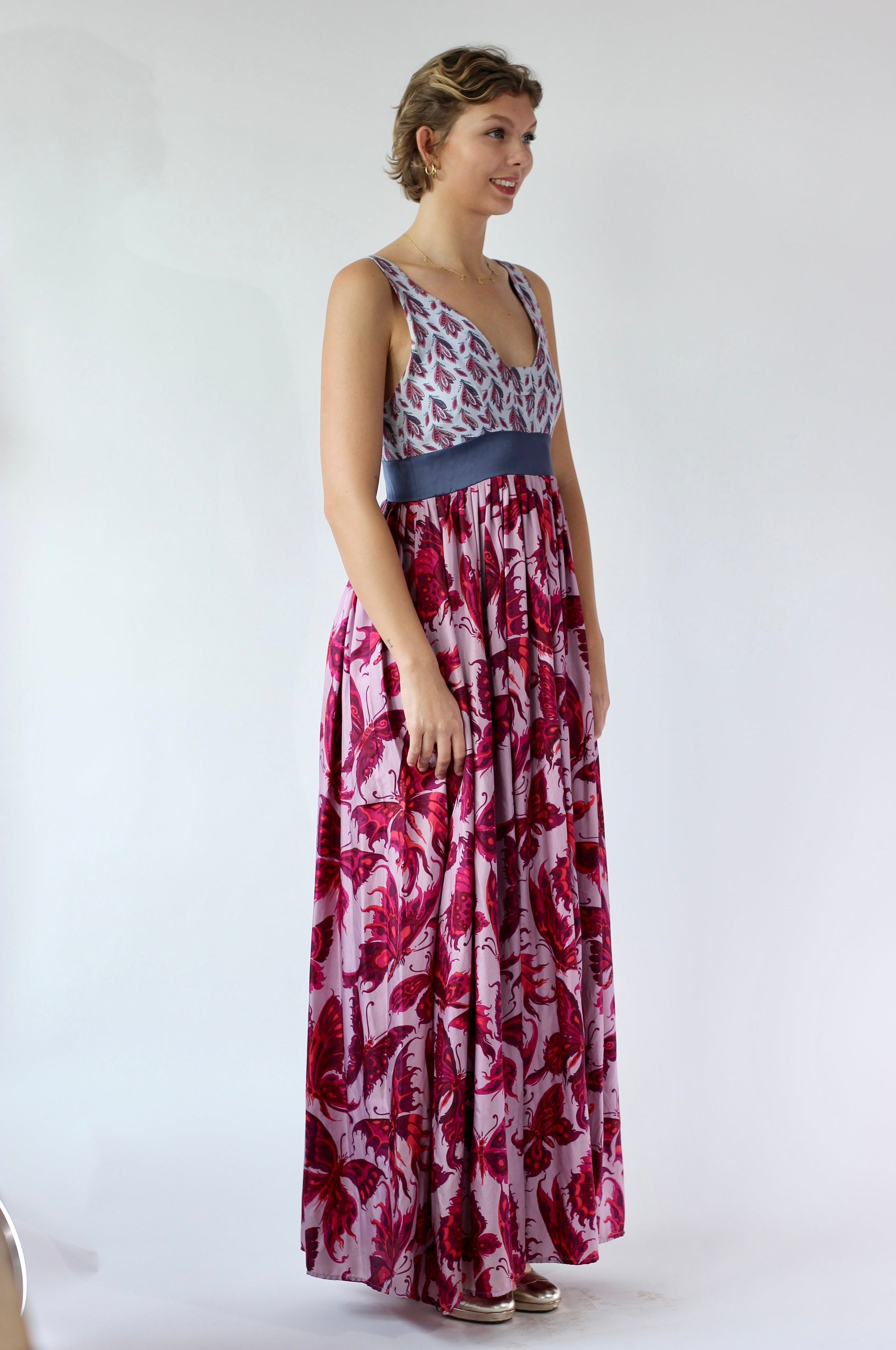 Y2K Purple Silk Maxi Silk Dress//Butterfly Print//Danish Design//Size L/XL