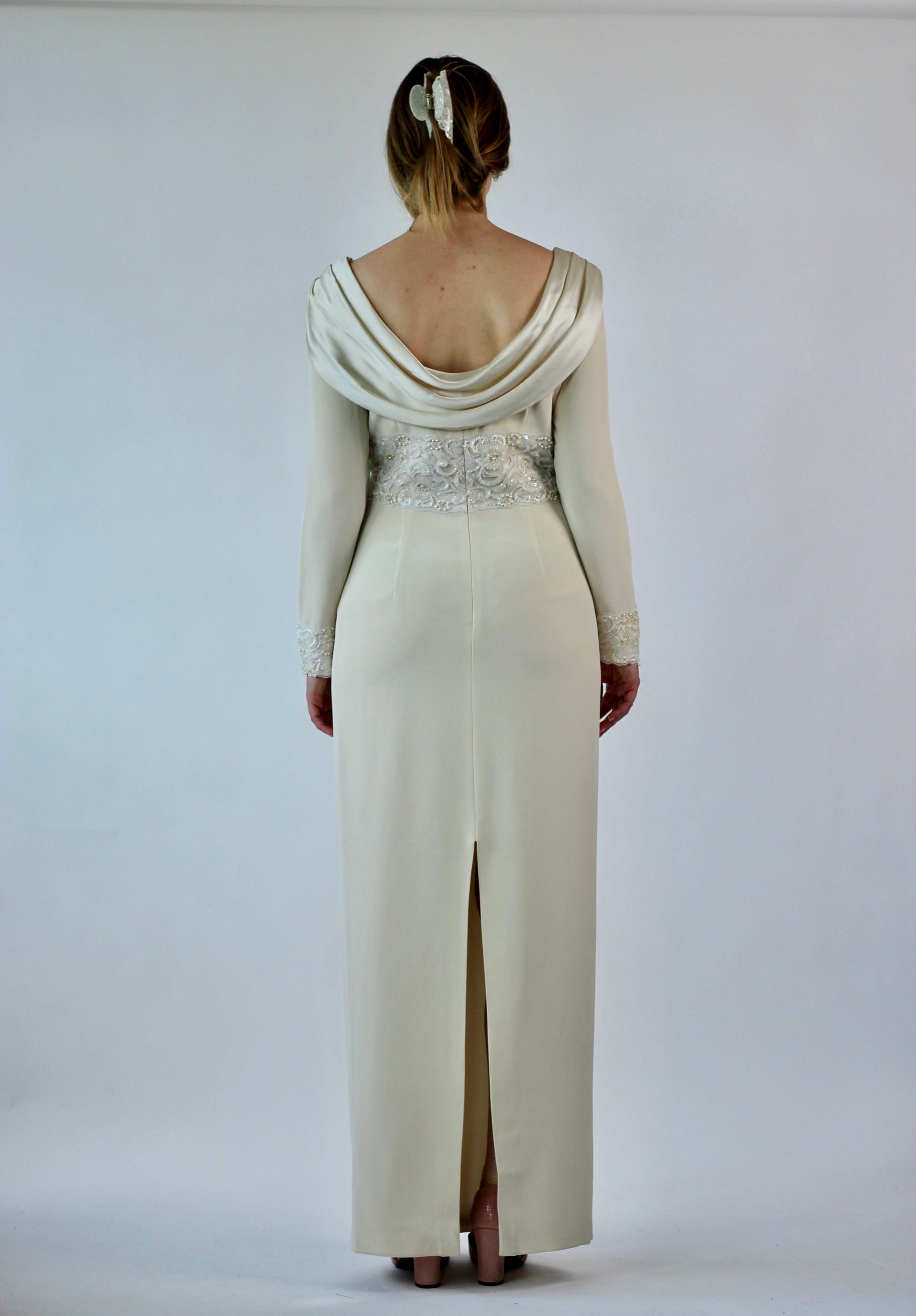 Black Tie Olga Cassini Classic Cream Long Bridal Sheath with Shawl Collar//Beaded Sequins Band//Column//Size M