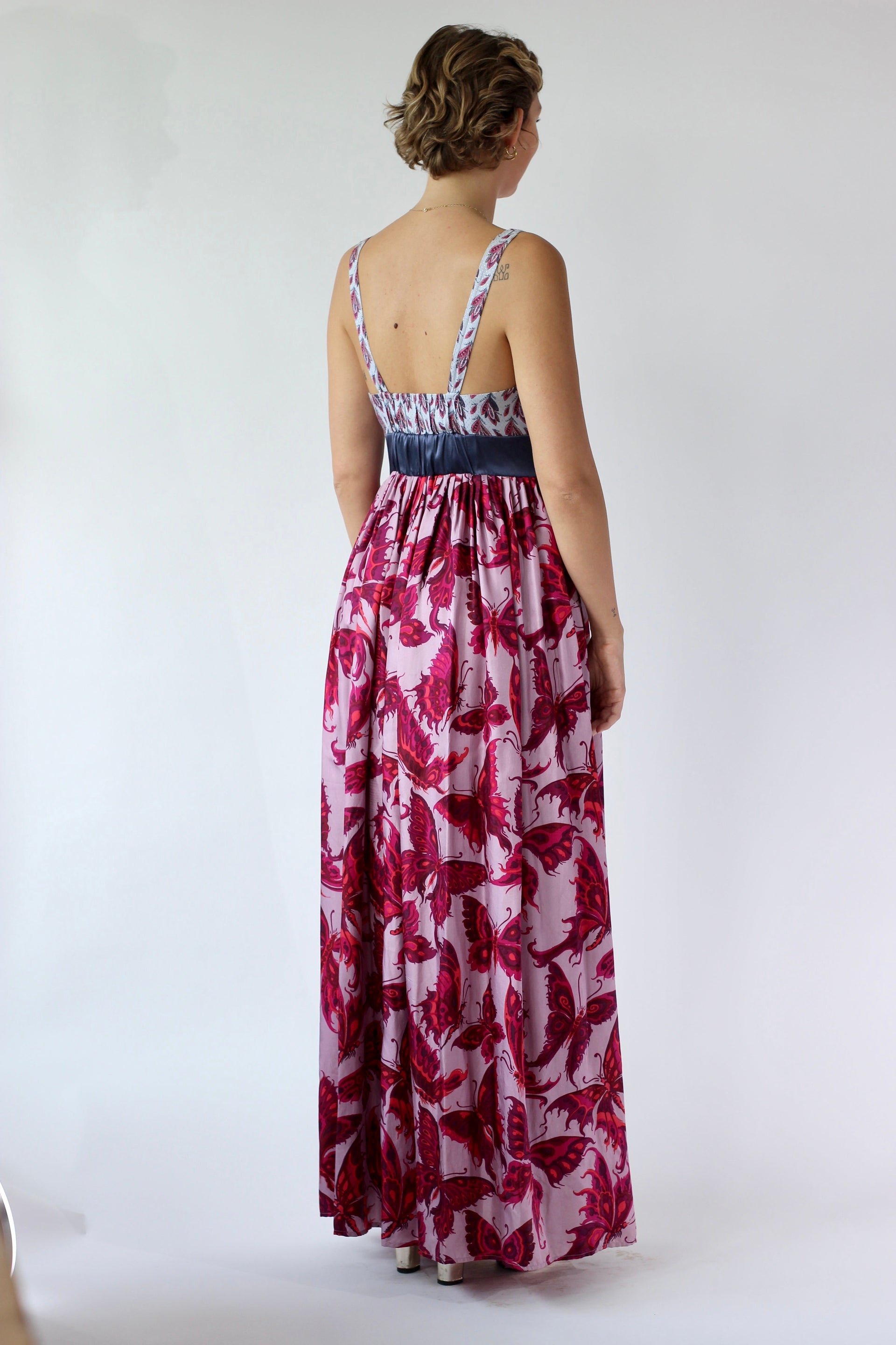 Y2K Purple Silk Maxi Silk Dress//Butterfly Print//Danish Design//Size L/XL