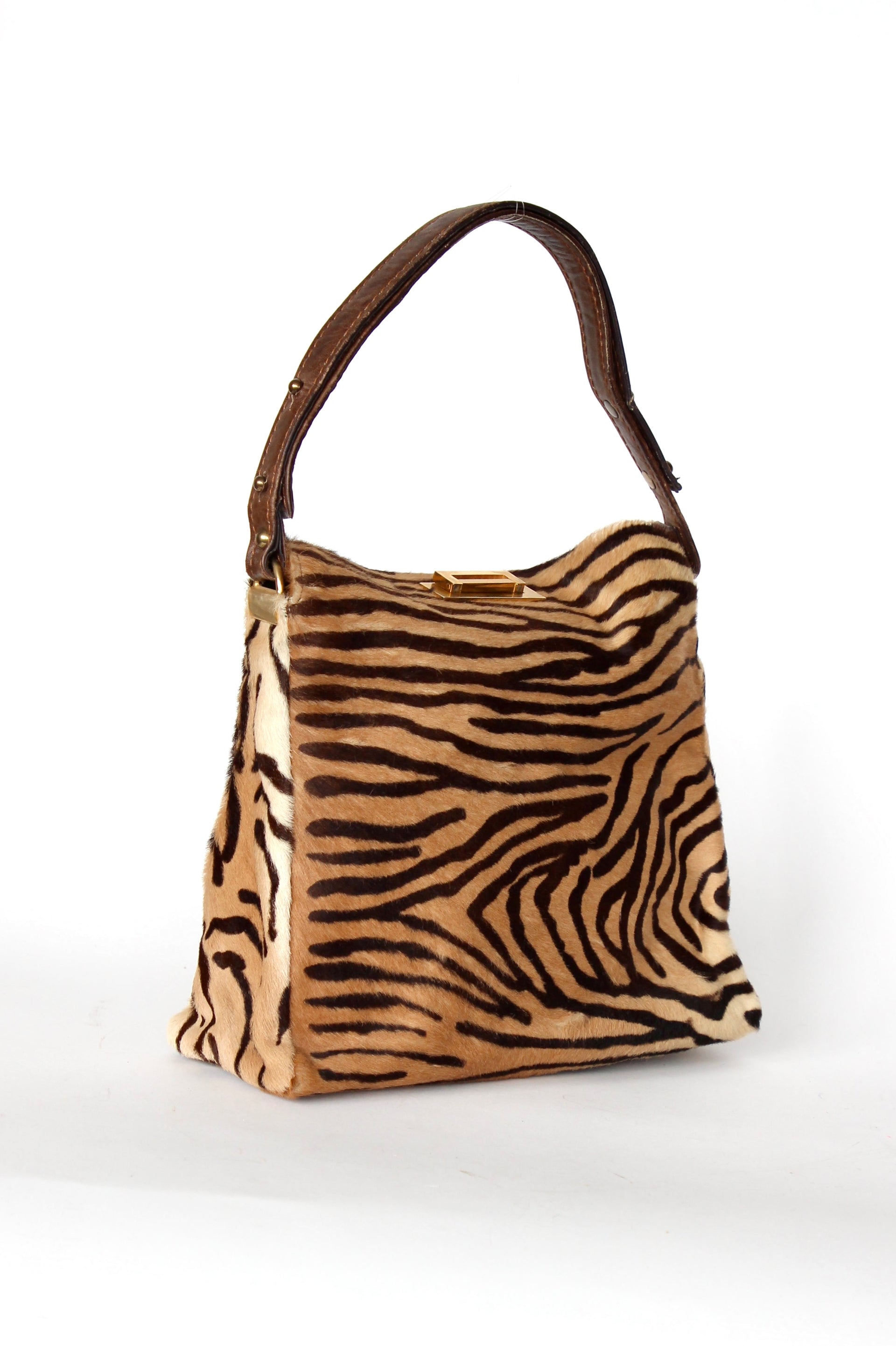 1960s Brown Fur Top Handle Bag with Tiger Pattern // Danish Design