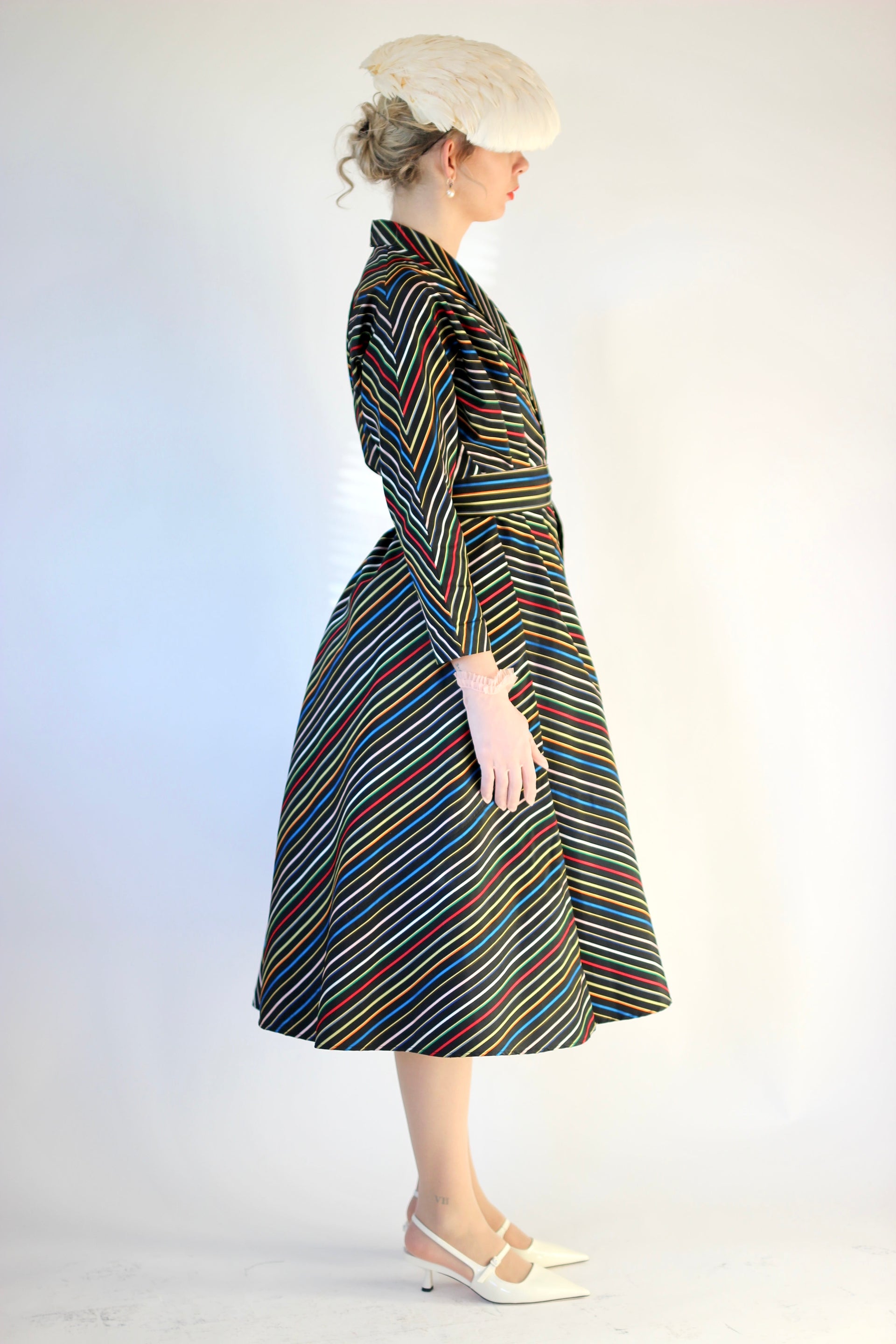 1940s Vintage Black Rainbow Striped Wrap Shirt Dress//Size S-L