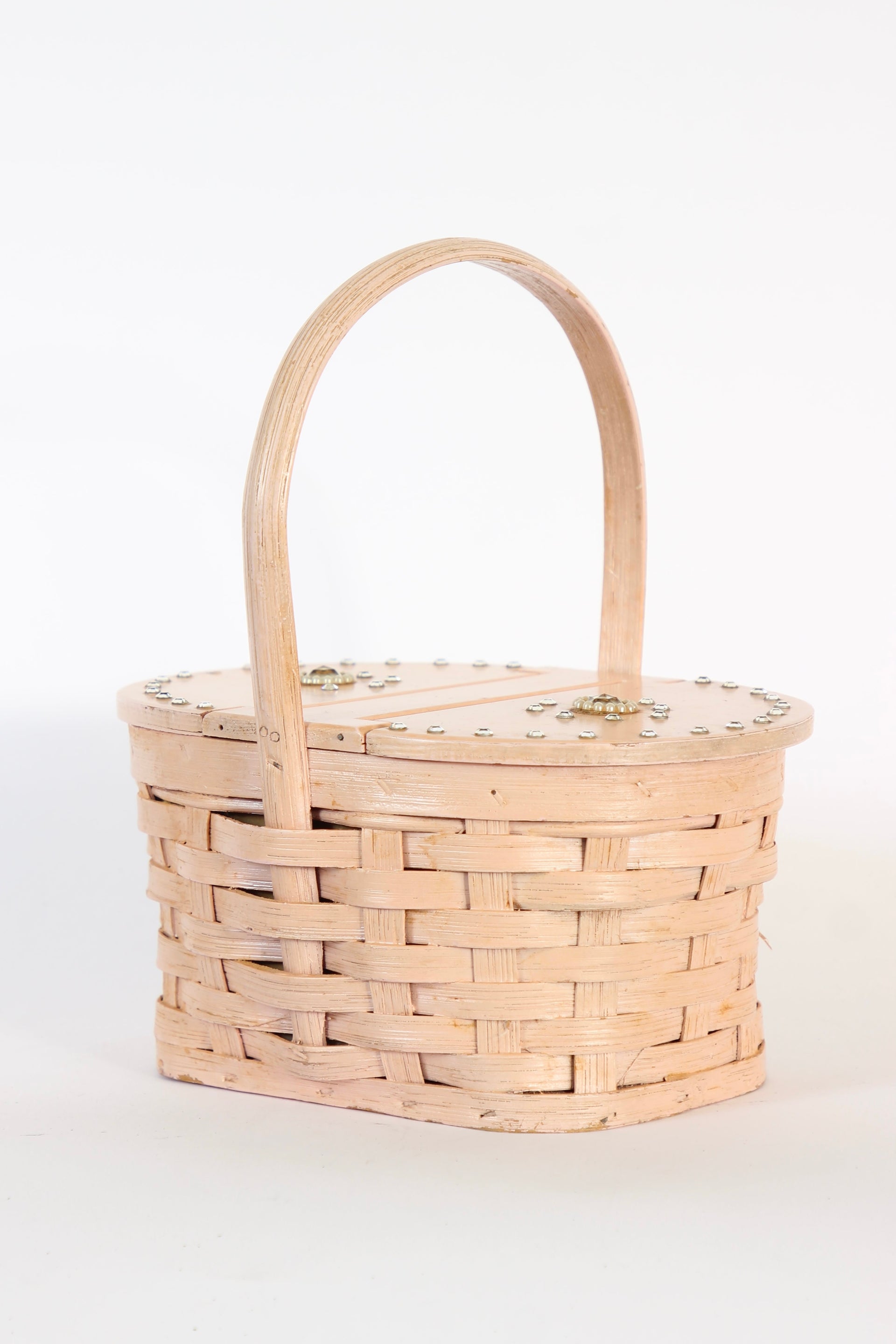 1950s Vintage Rose Woven Wood Basket Bag Purse