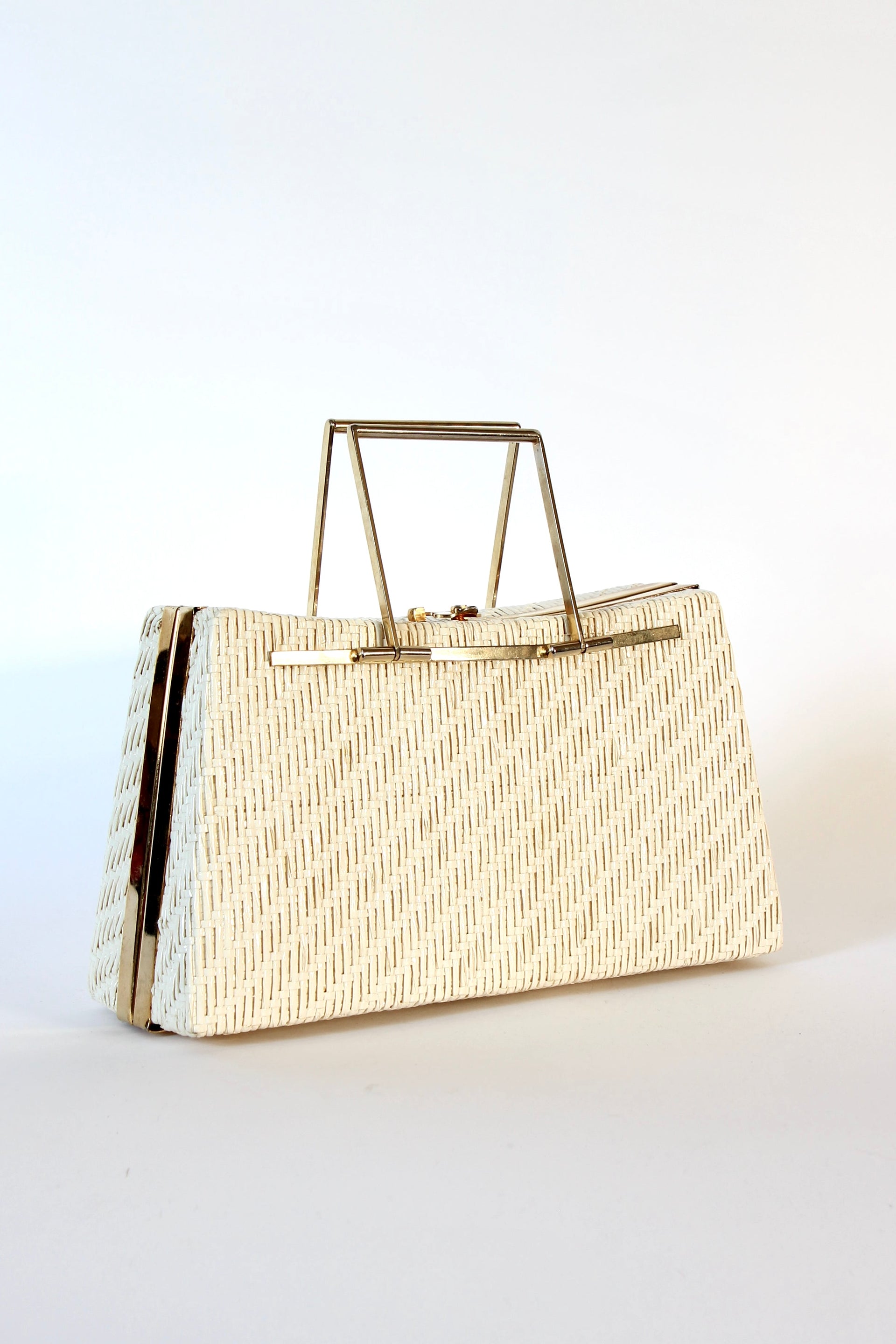 1960s Ivory Straw Top Handle Bag / Purse