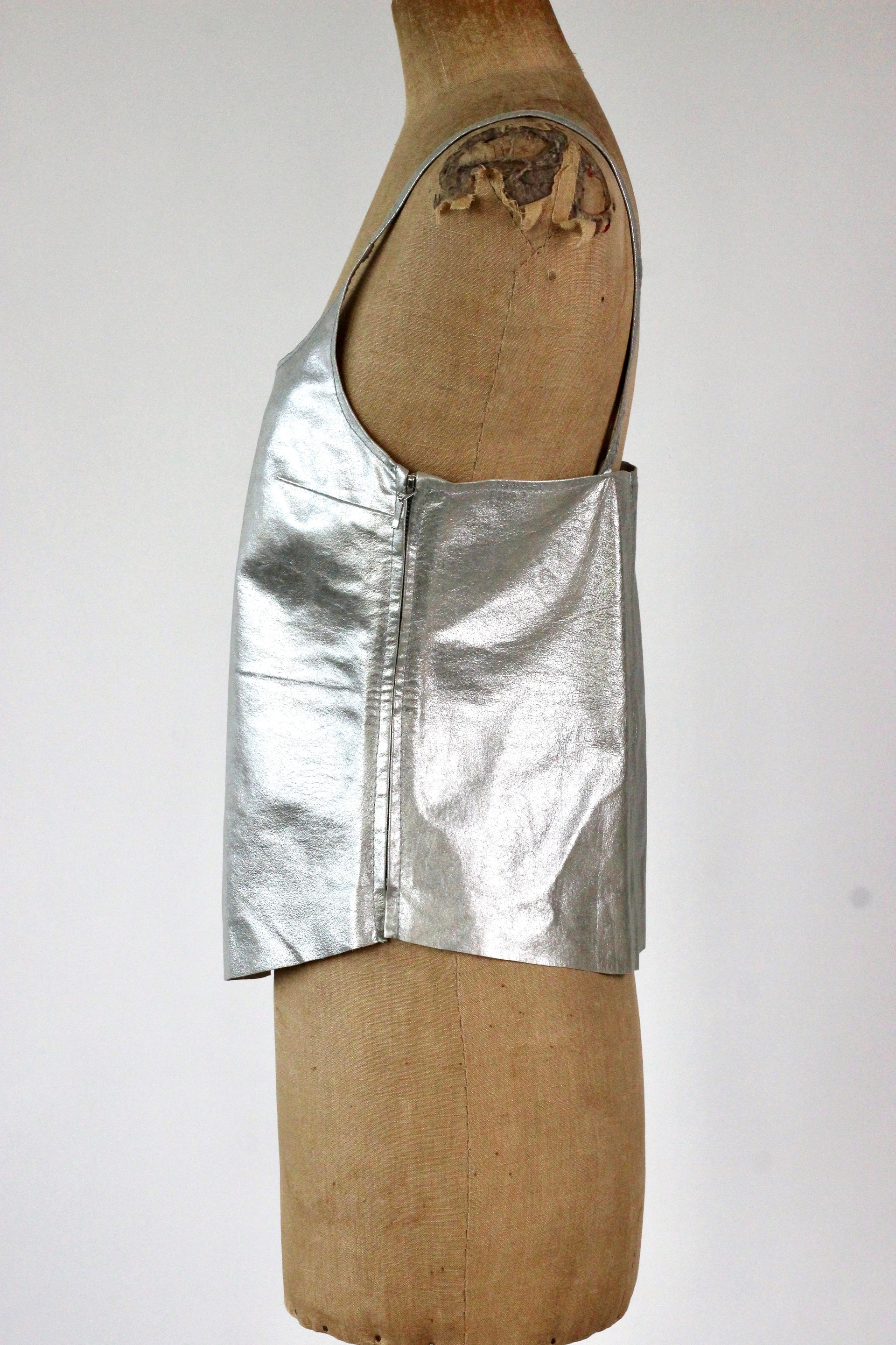 1990s Vintage Leather Silver Top//Size L