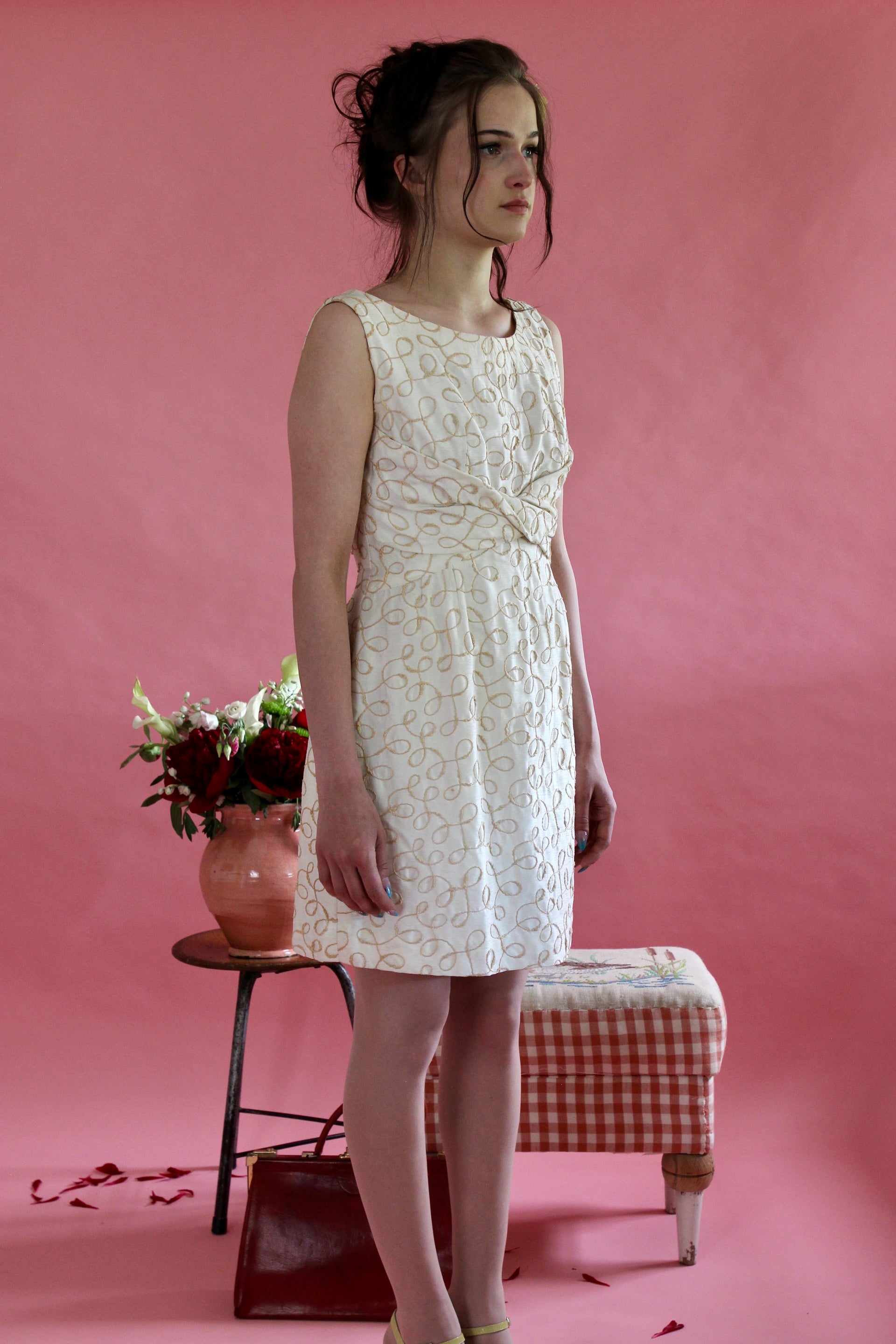 1960s Ivory Designer Cocktali Dress//Size M