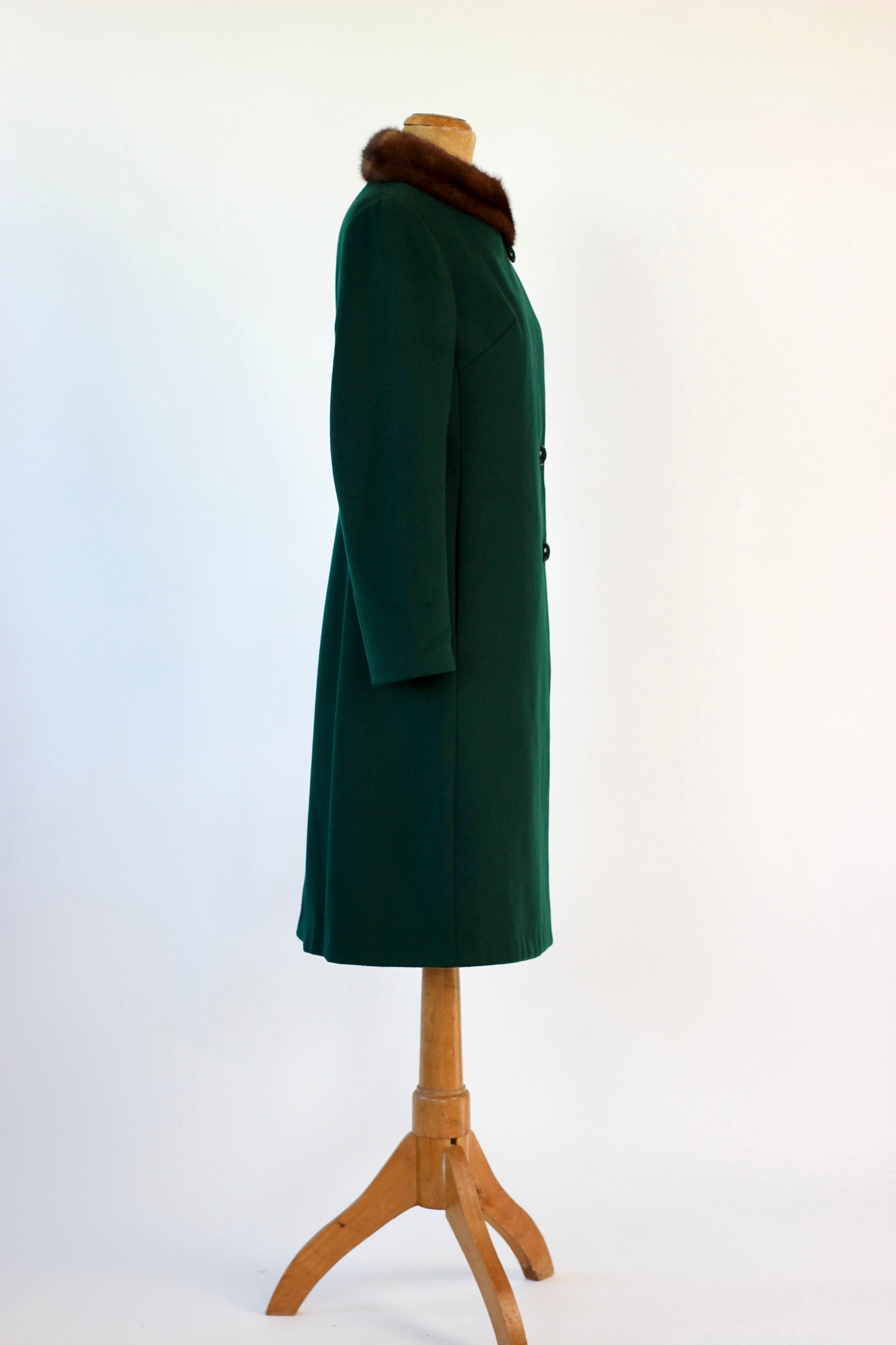 1960s Vintage Green Emerald Wool Coat with Brown Collar // Size M