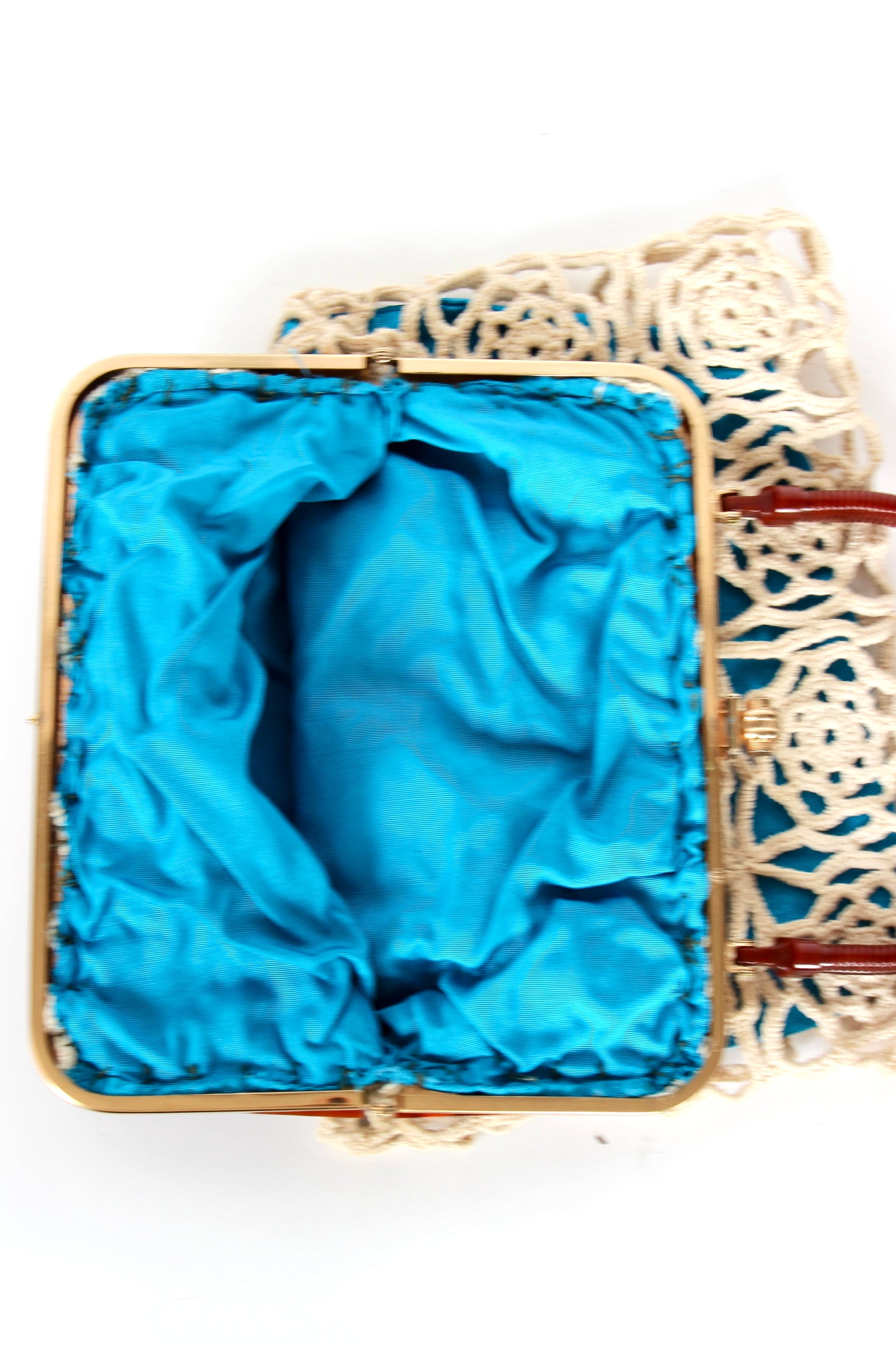 1960s Vintage Handmade Crochet Bag with Plastic Handle and Frame