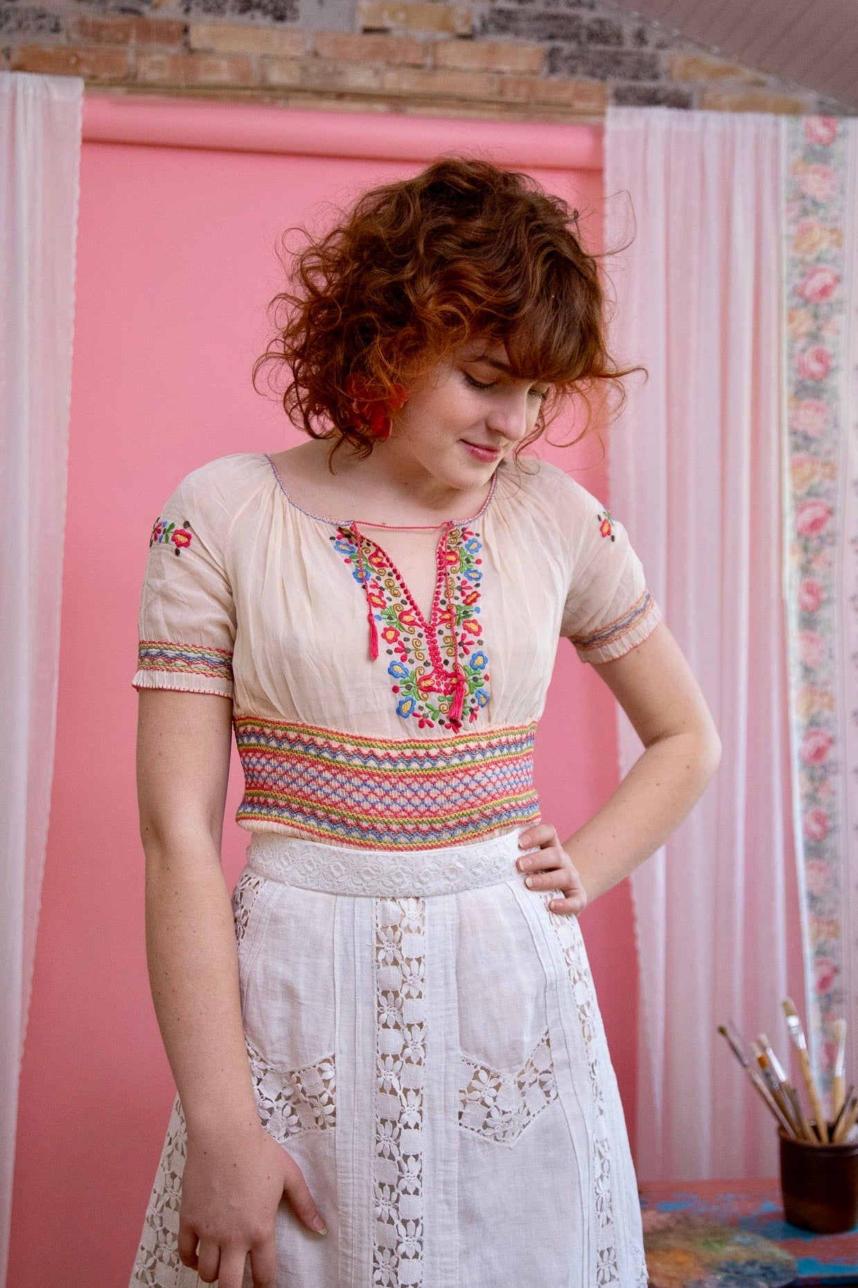 1920s 1930s Hungarian Embroidered Short Sleeve Pale Pink Top // Size XS/S