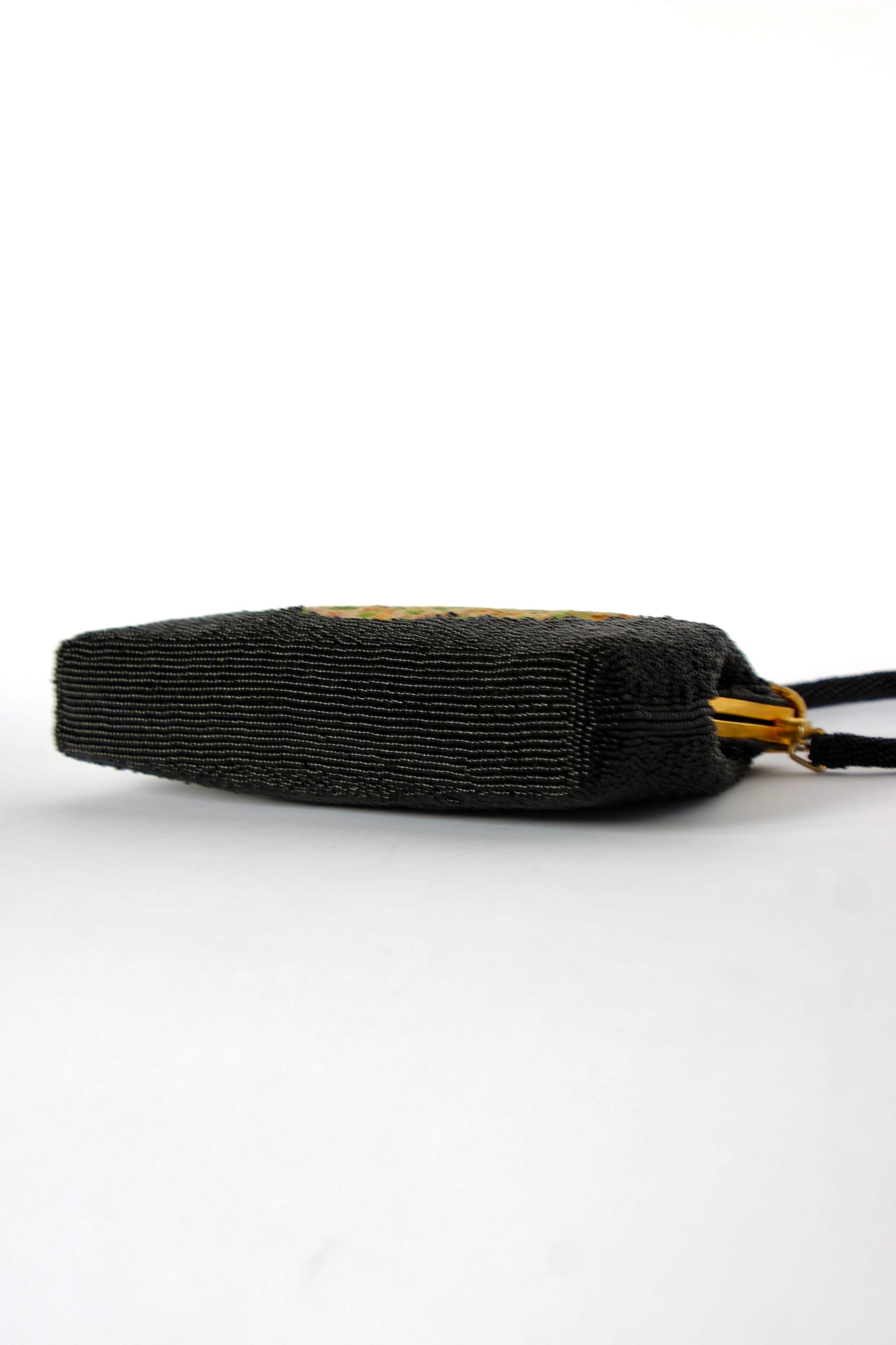 1940s 1950s Vintage Black Beaded & Floral Petit Point Evening Bag