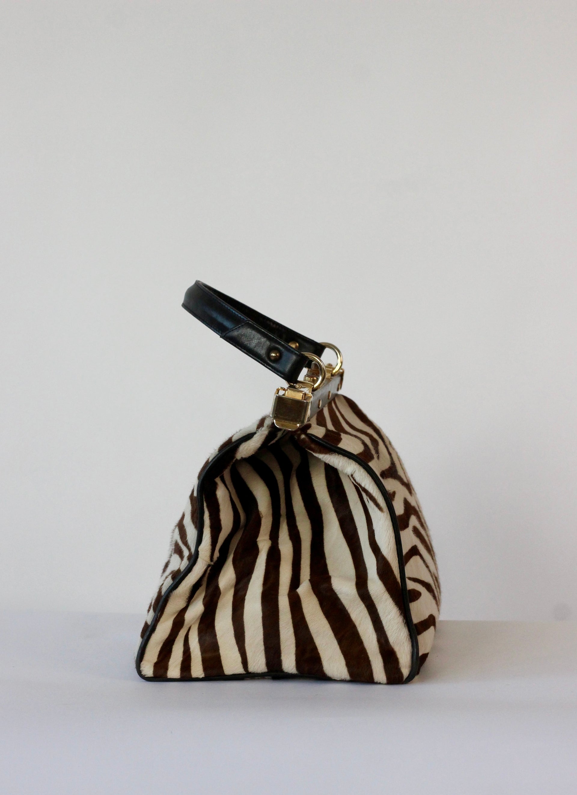 1950S 1960s Black Leather Top Handle Bag with Zebra Pattern Fur//Danish Design